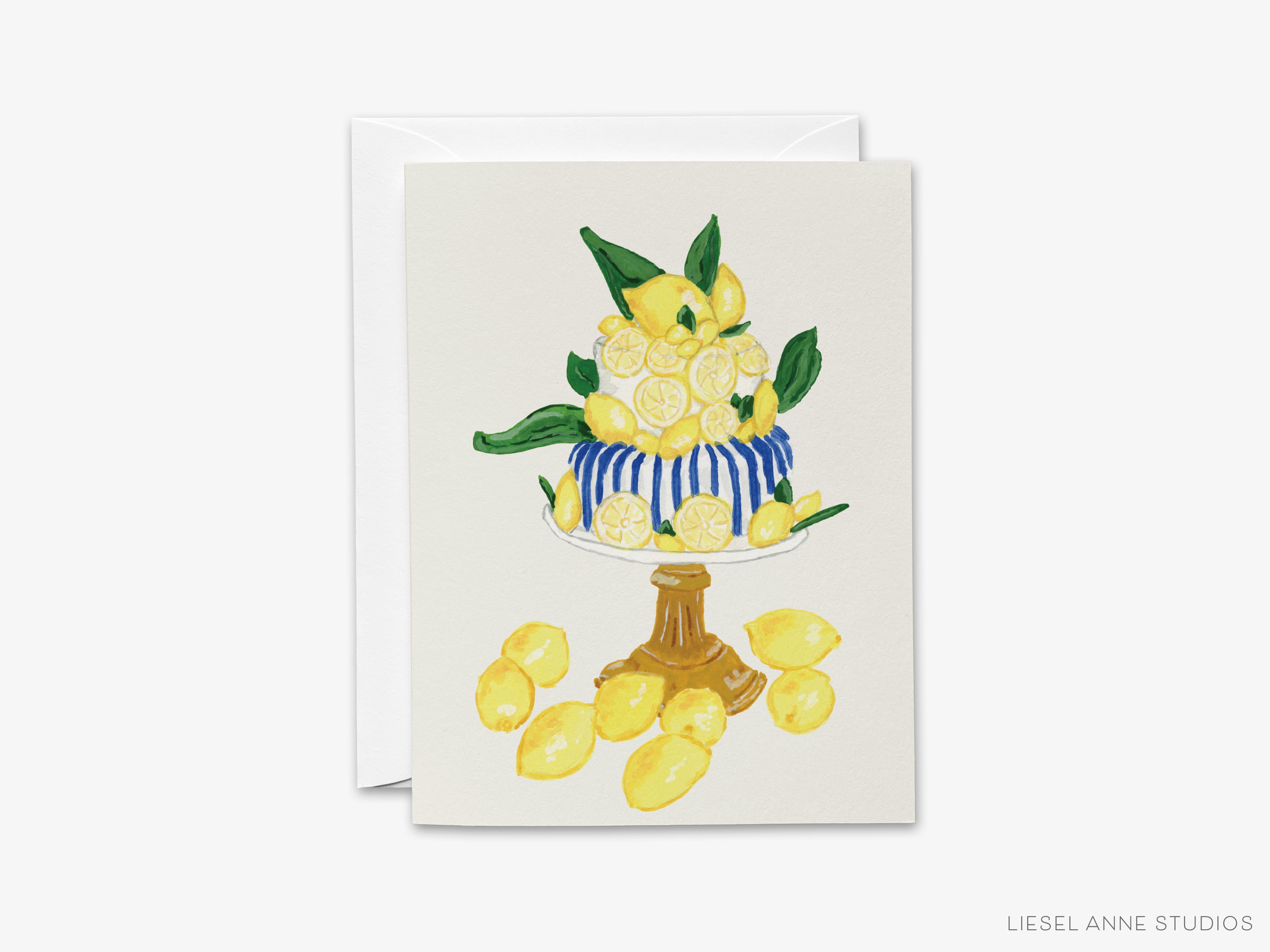 A card featuring a decorative cake with a blue and white striped base, surrounded by a variety of yellow lemons.