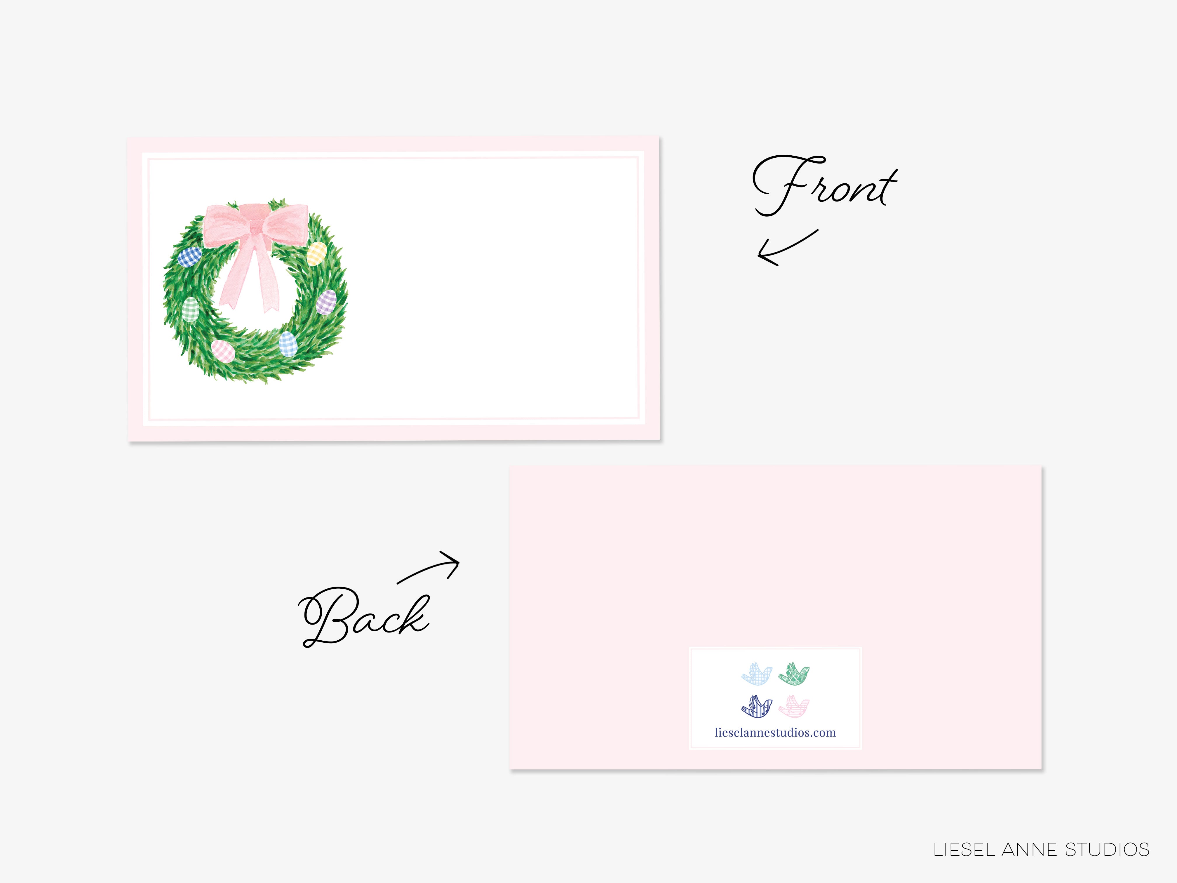 a pink card with a wreath design and Easter eggs, as well as a blank card with a logo and text.