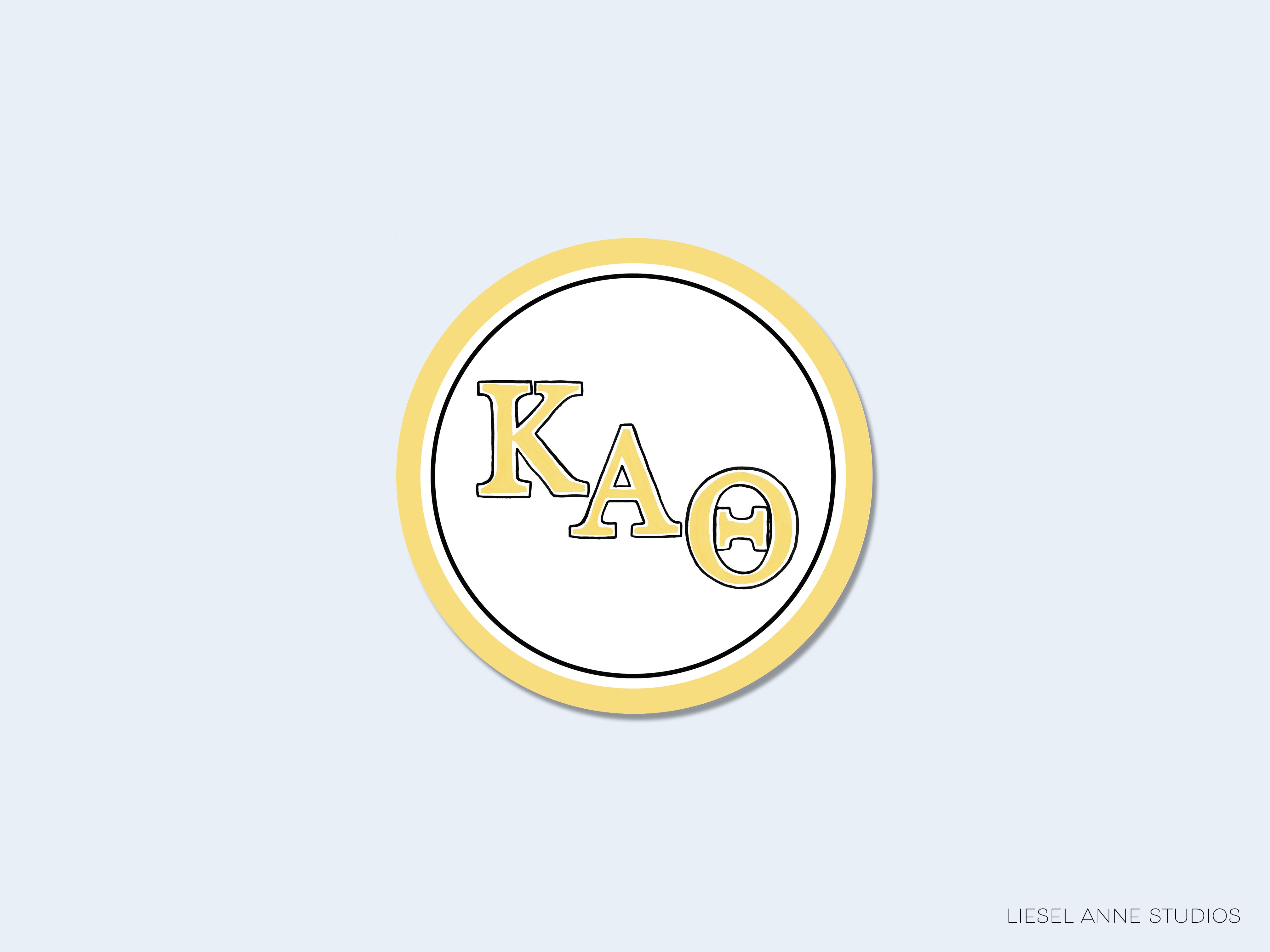 a yellow and white circle with the word kao on it