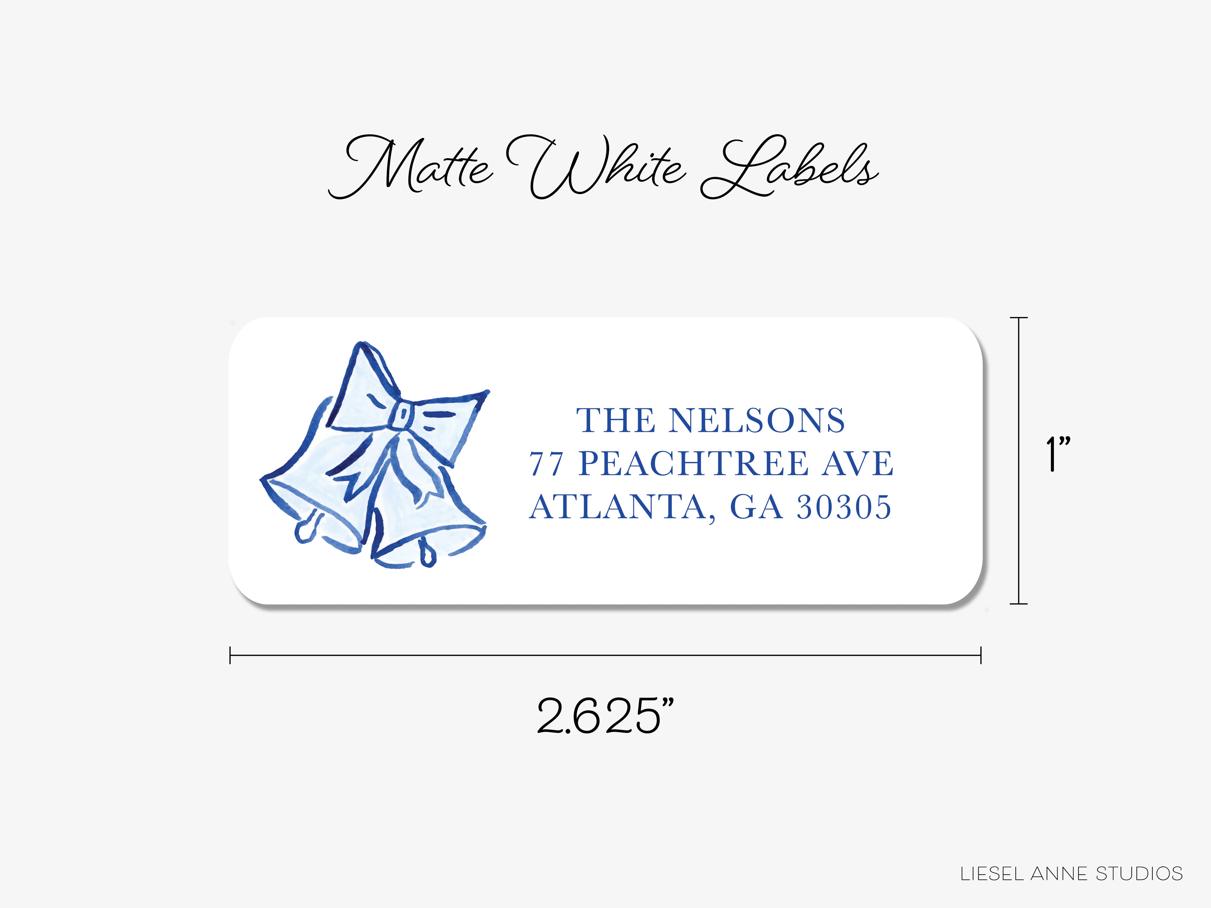 The image is a label for a package, with a blue bell design and the address of The Nelsons at 77 Peachtree Ave, Atlanta, Georgia 30305.
