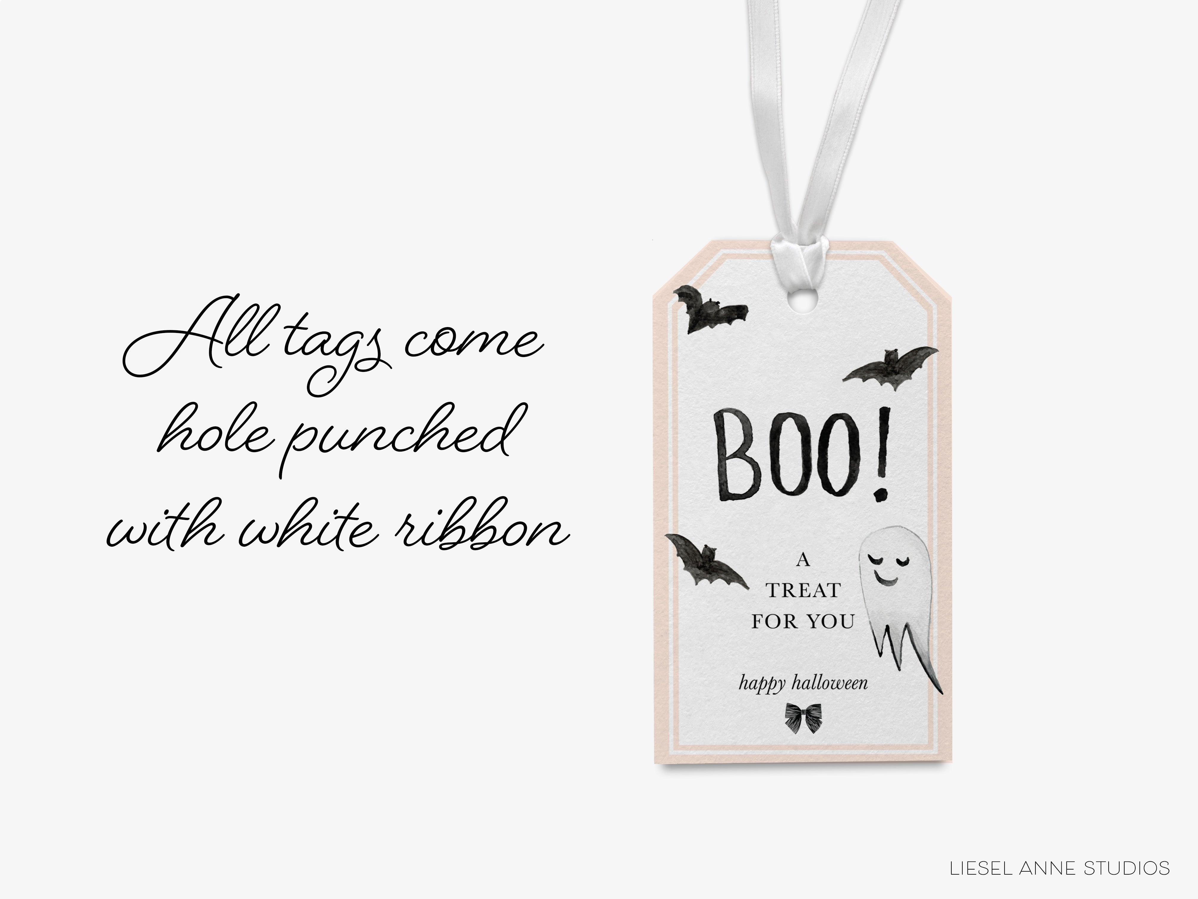 a Halloween-themed tag with the text "BOO! A TREAT FOR YOU happy halloween" and a ghost illustration.