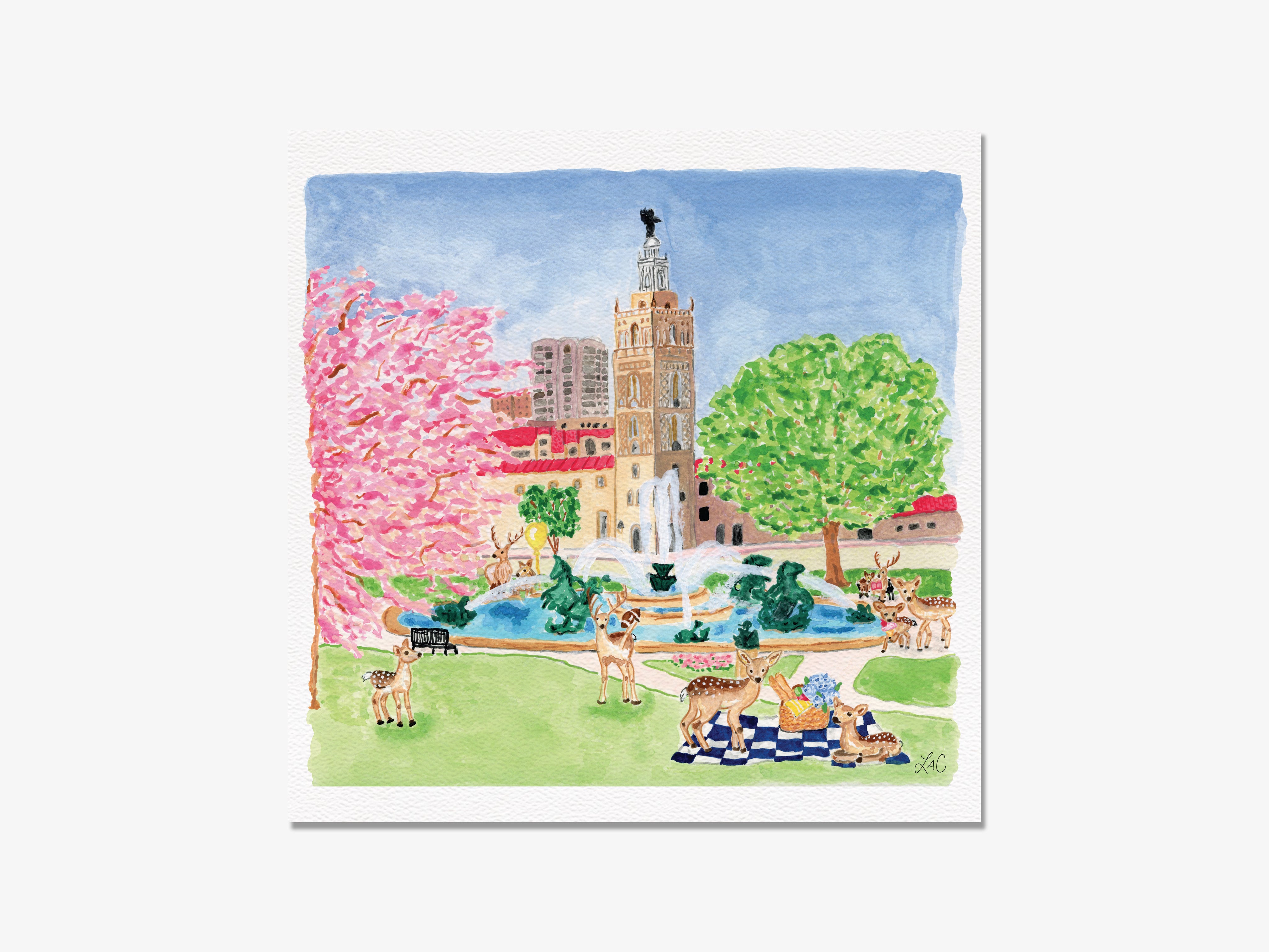 A watercolor painting depicting a park scene with a tall tower, pink trees, and animals in the foreground.