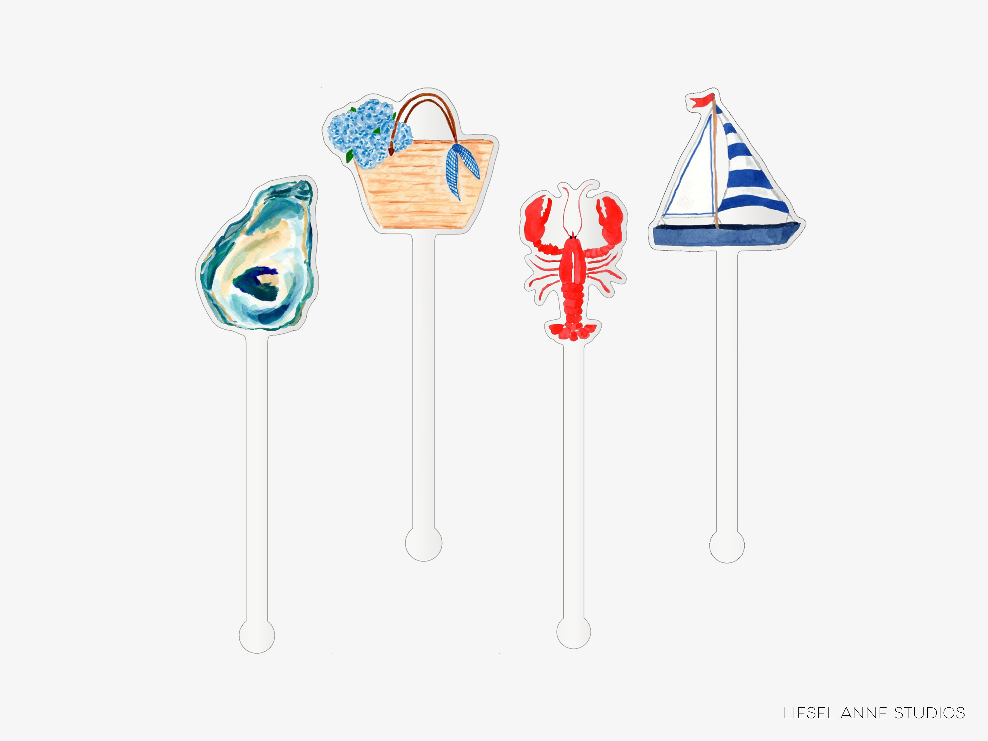 four stick holders, each featuring a different nautical-themed design. The first holder has an oyster shell, the second holder has a lobster, the third holder has a sailboat, and the fourth holder has a blue and white striped sailboat.