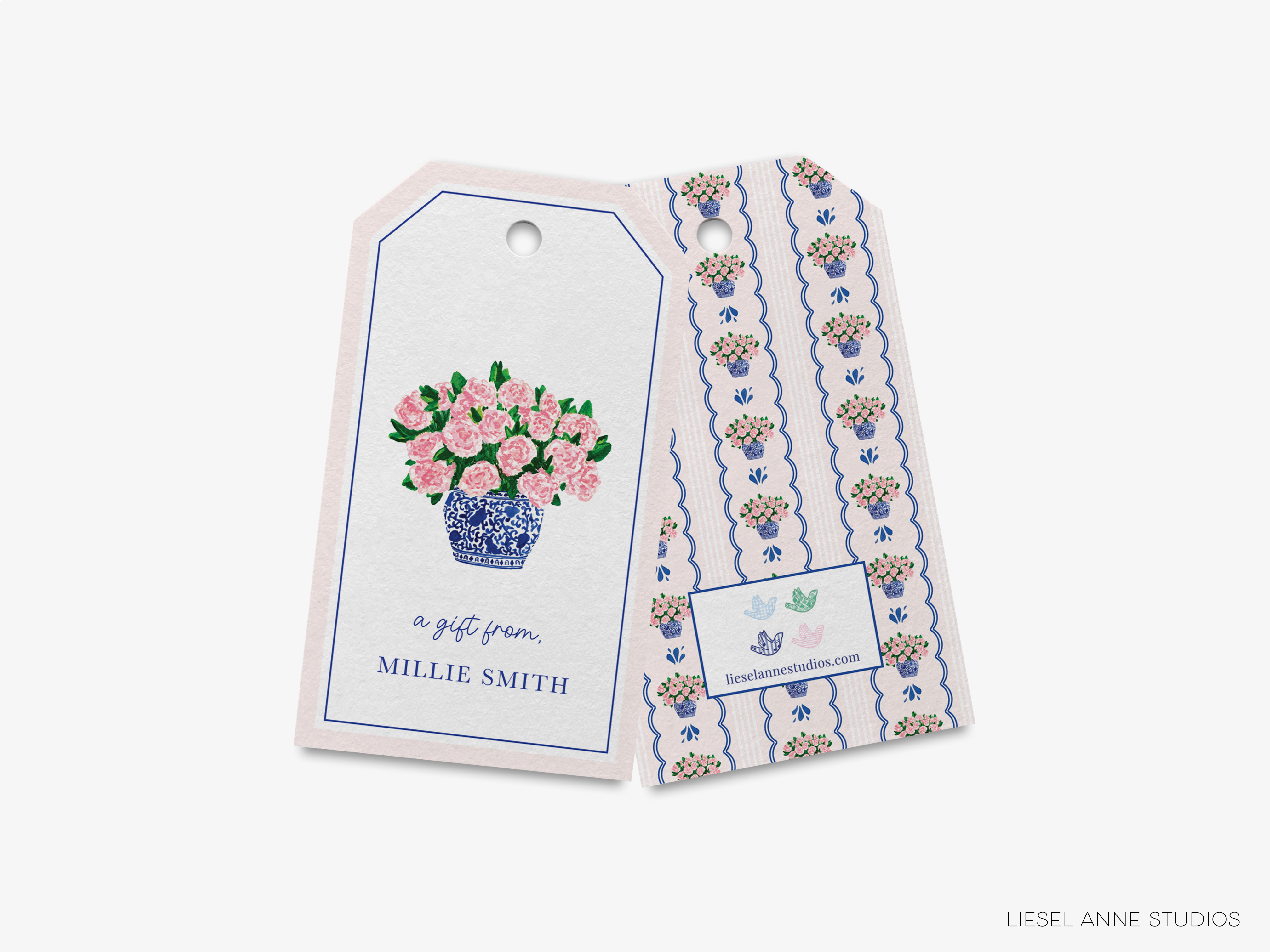 a tag with a bouquet of flowers on it
