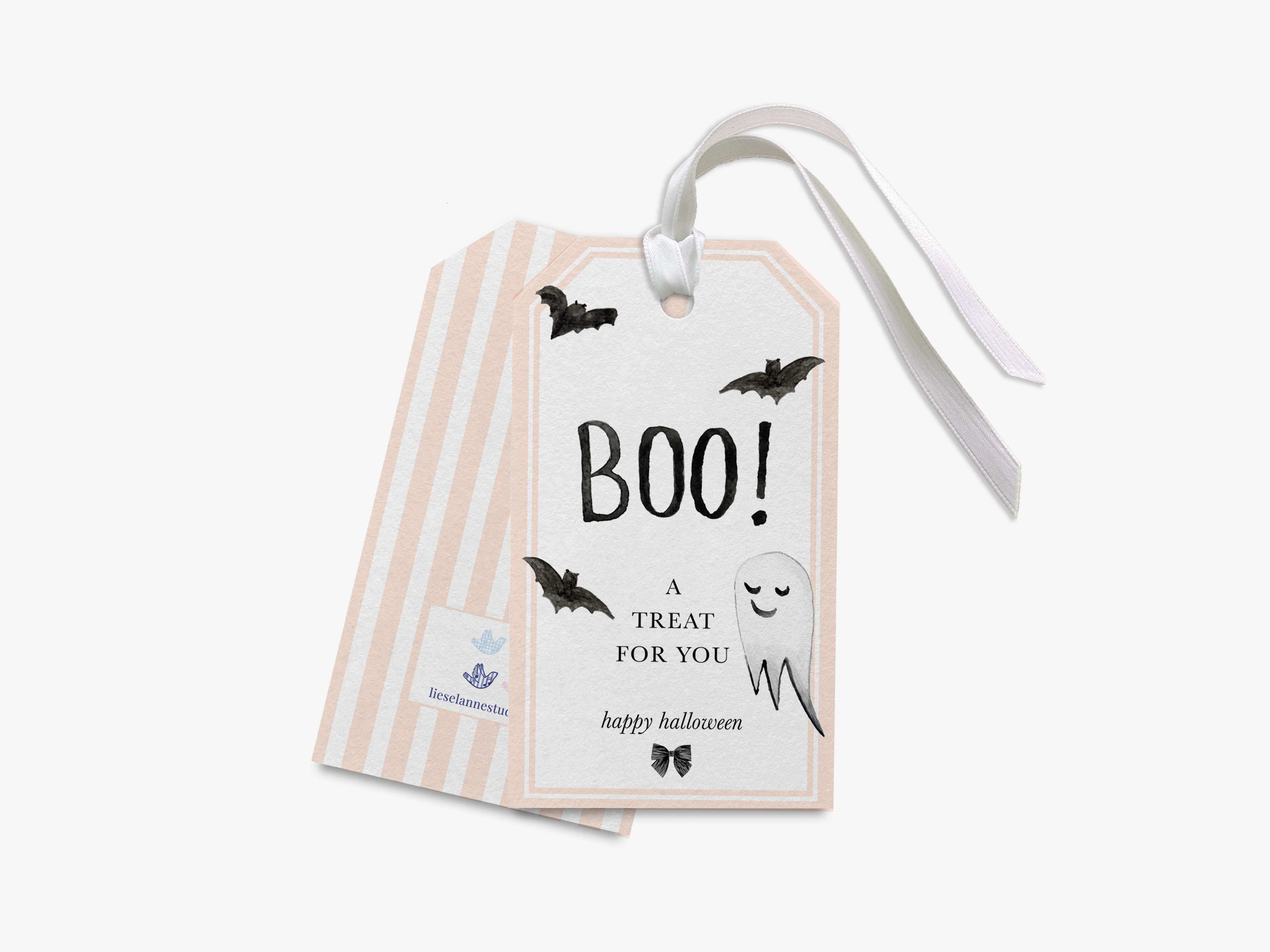A Halloween-themed gift tag with the text "BOO! A TREAT FOR YOU" and a ghost illustration.