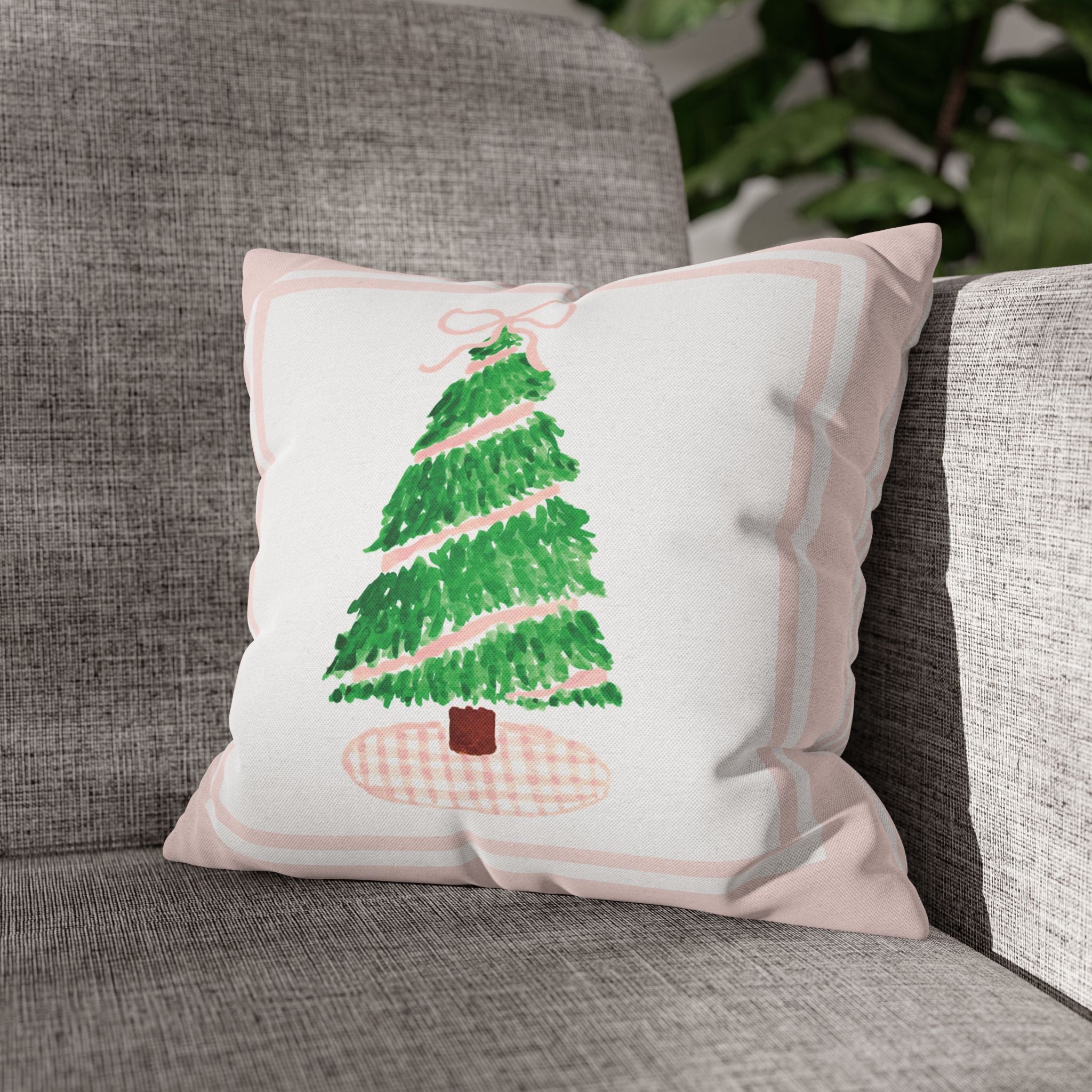 Pink Gingham Christmas Tree Pillow Cover