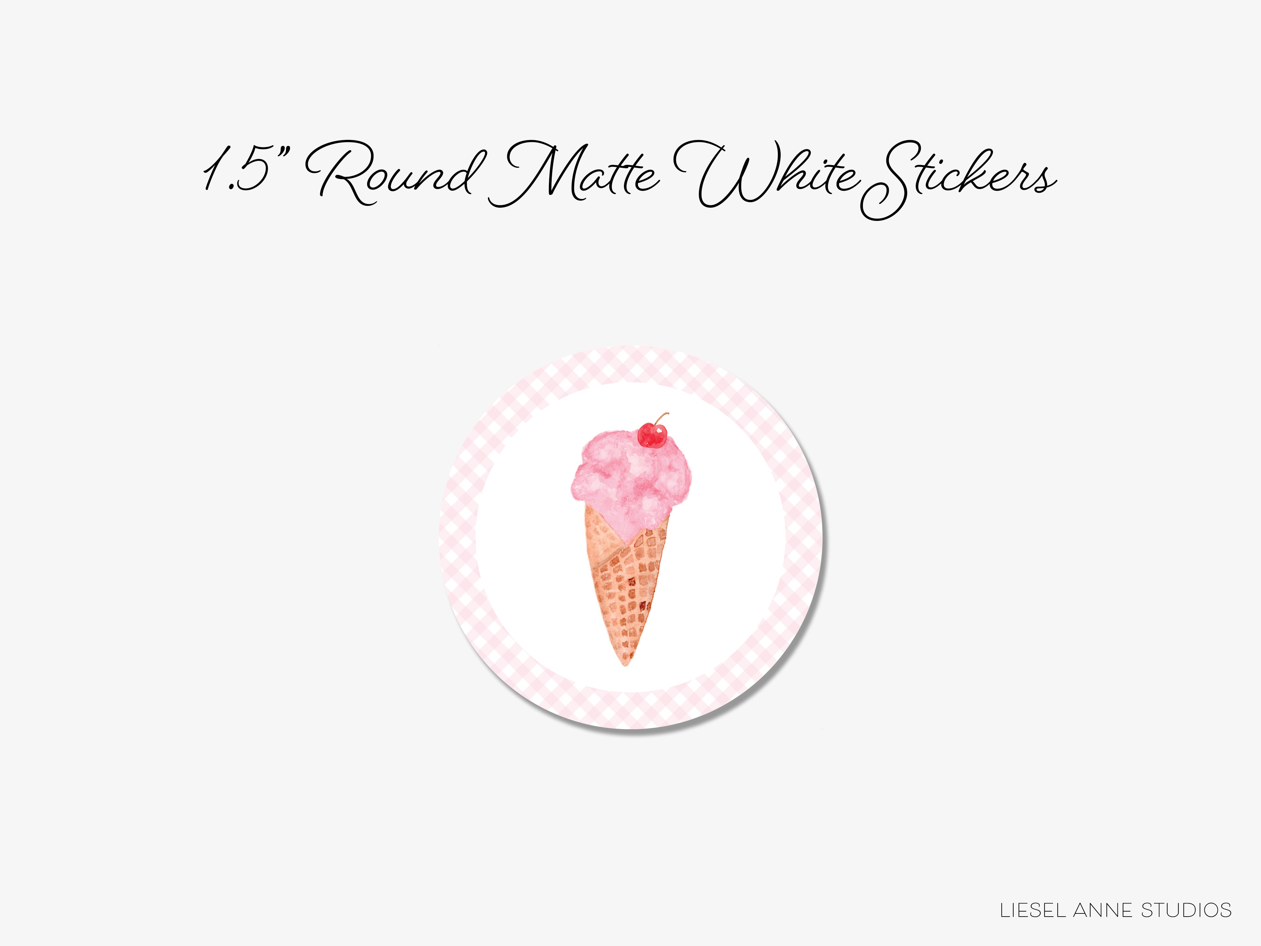A round white sticker with a pink ice cream cone on it, along with text that reads "1.5" Round Matte White Stickers".