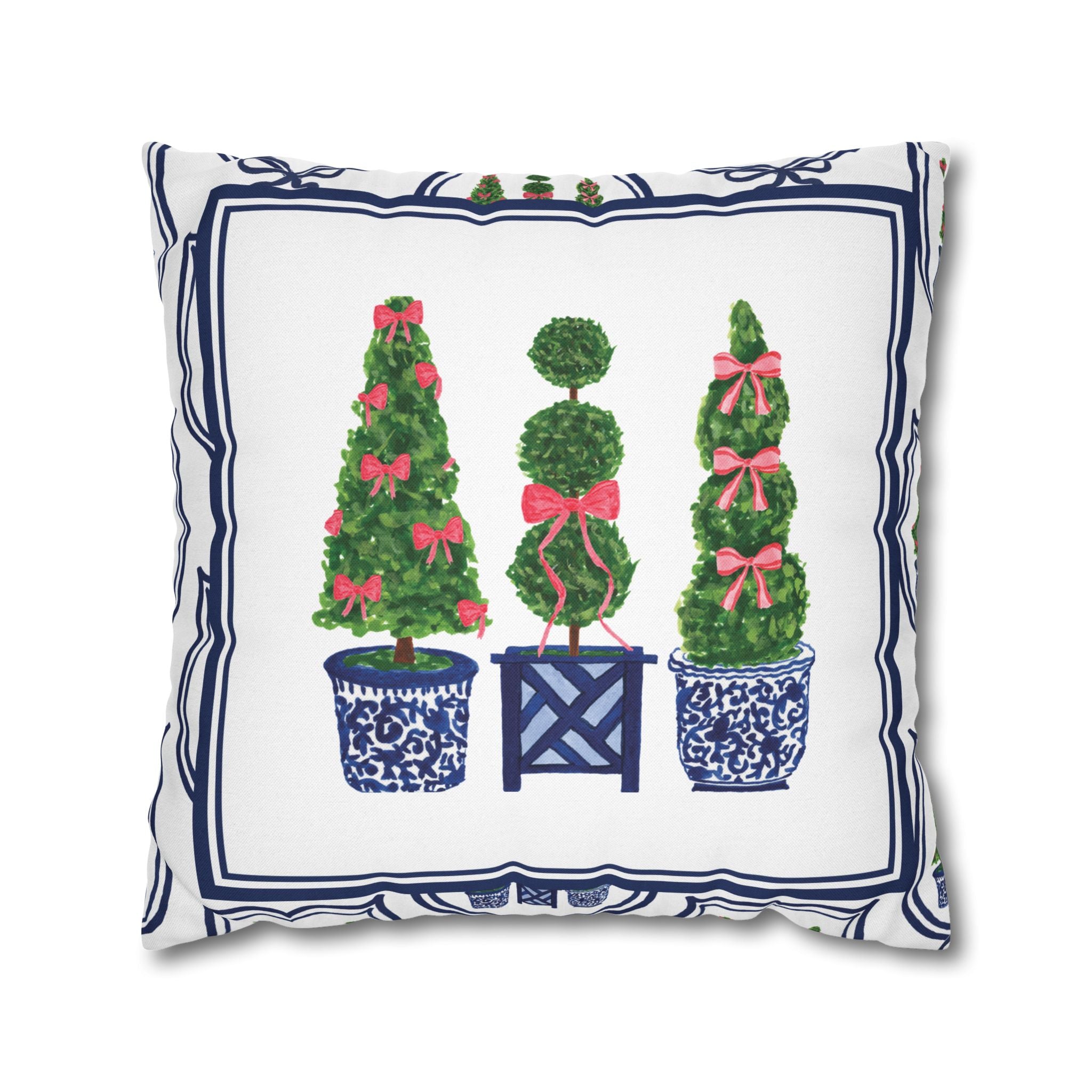 Topiary Trio Christmas Blue and White Pillow Cover