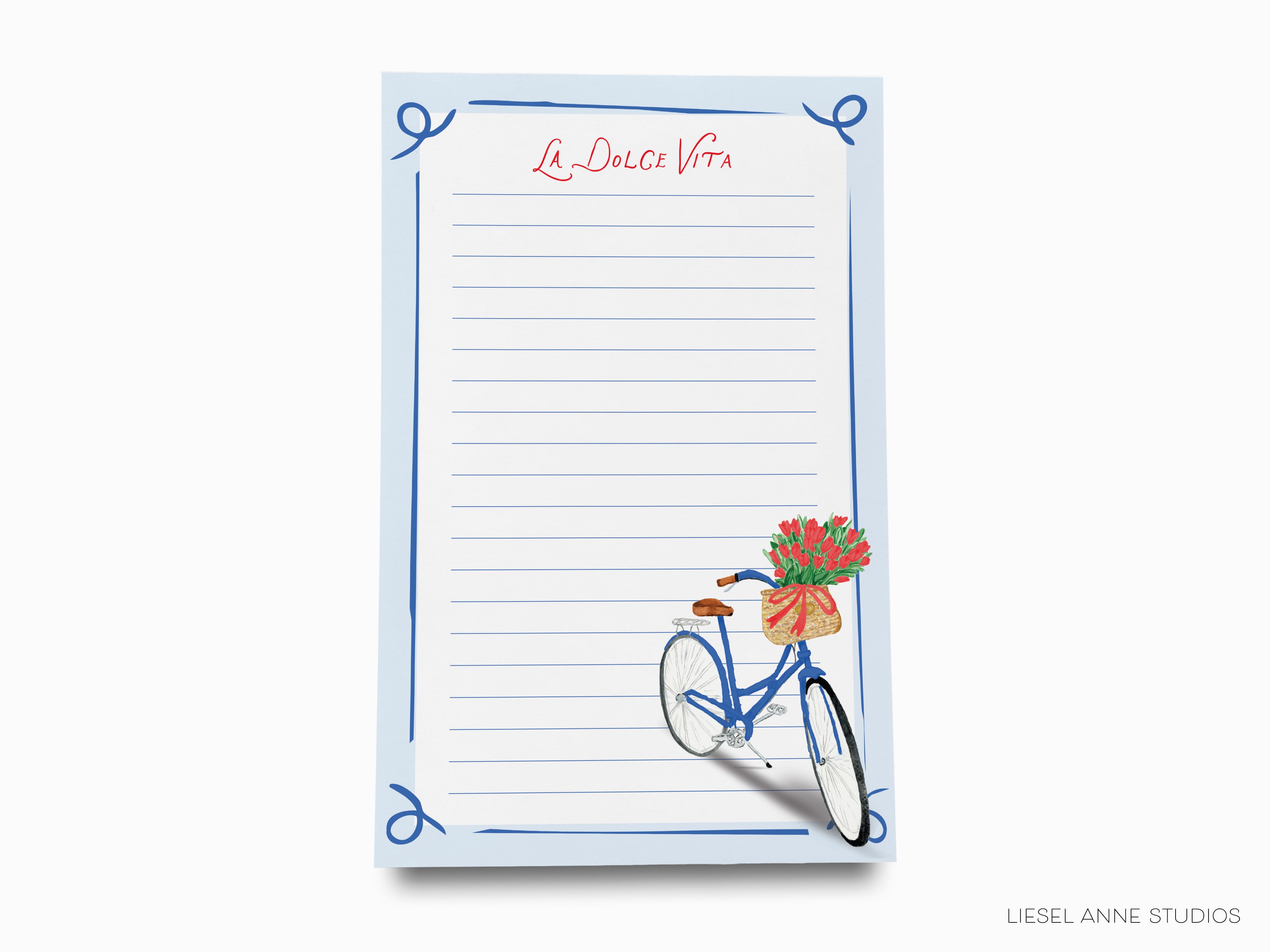 a blue bicycle with a basket of flowers on the handlebars, set against a white background with a blue border.
