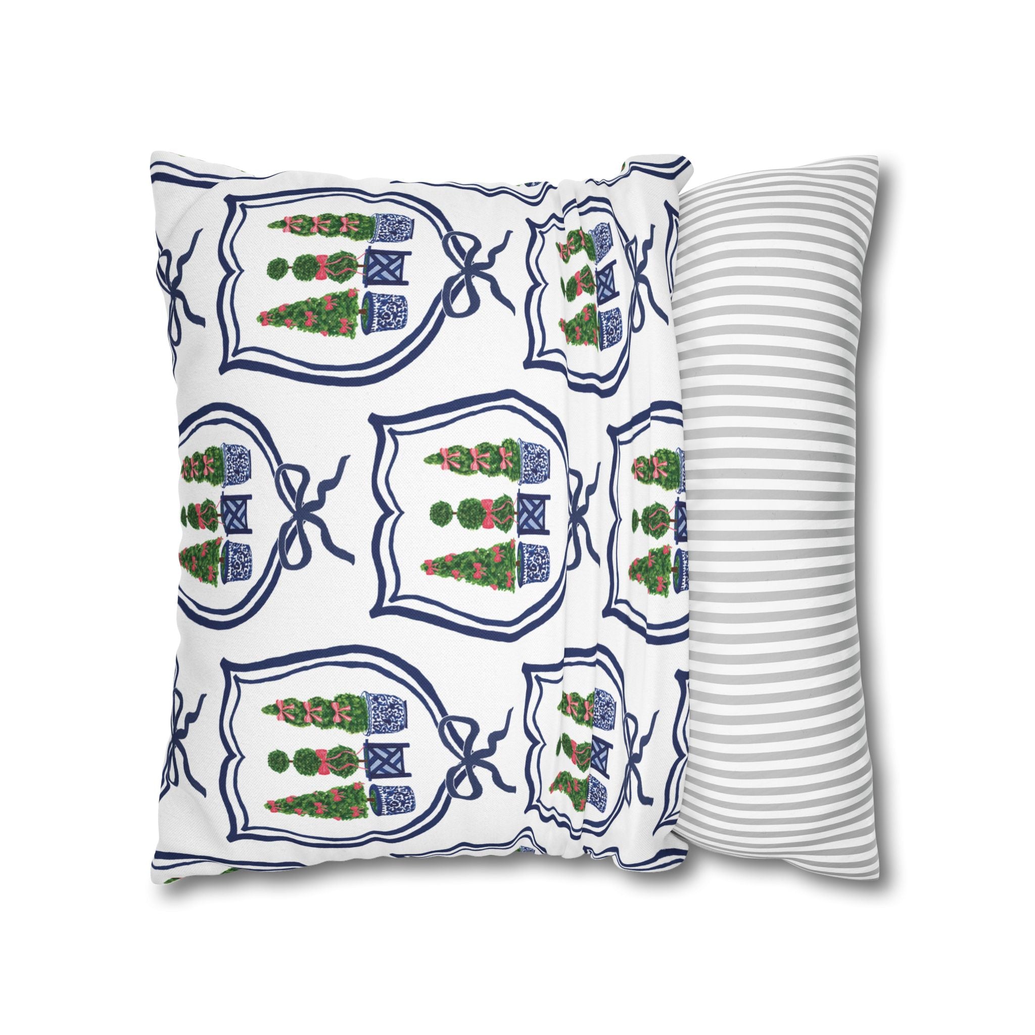 Topiary Trio Christmas Blue and White Pillow Cover