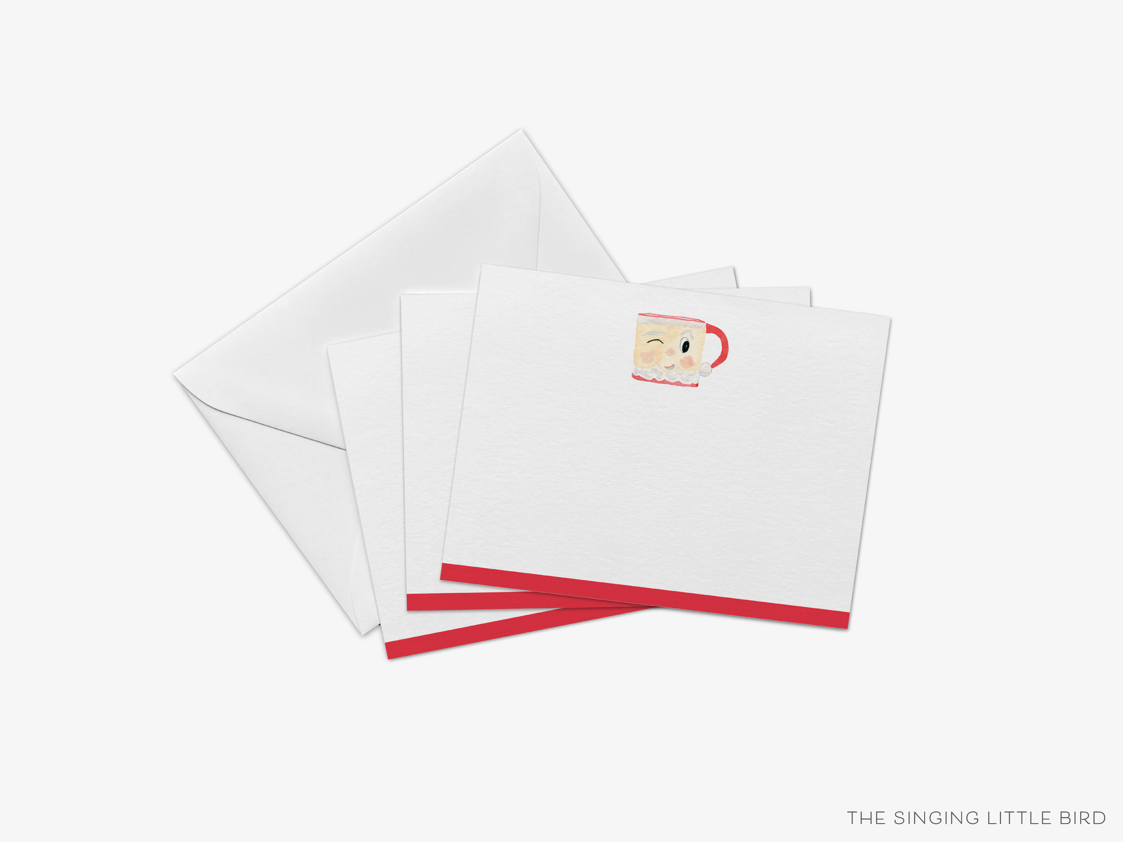 a set of white envelopes with red trim, each containing a single square card with a red and white illustration of a smiling face.