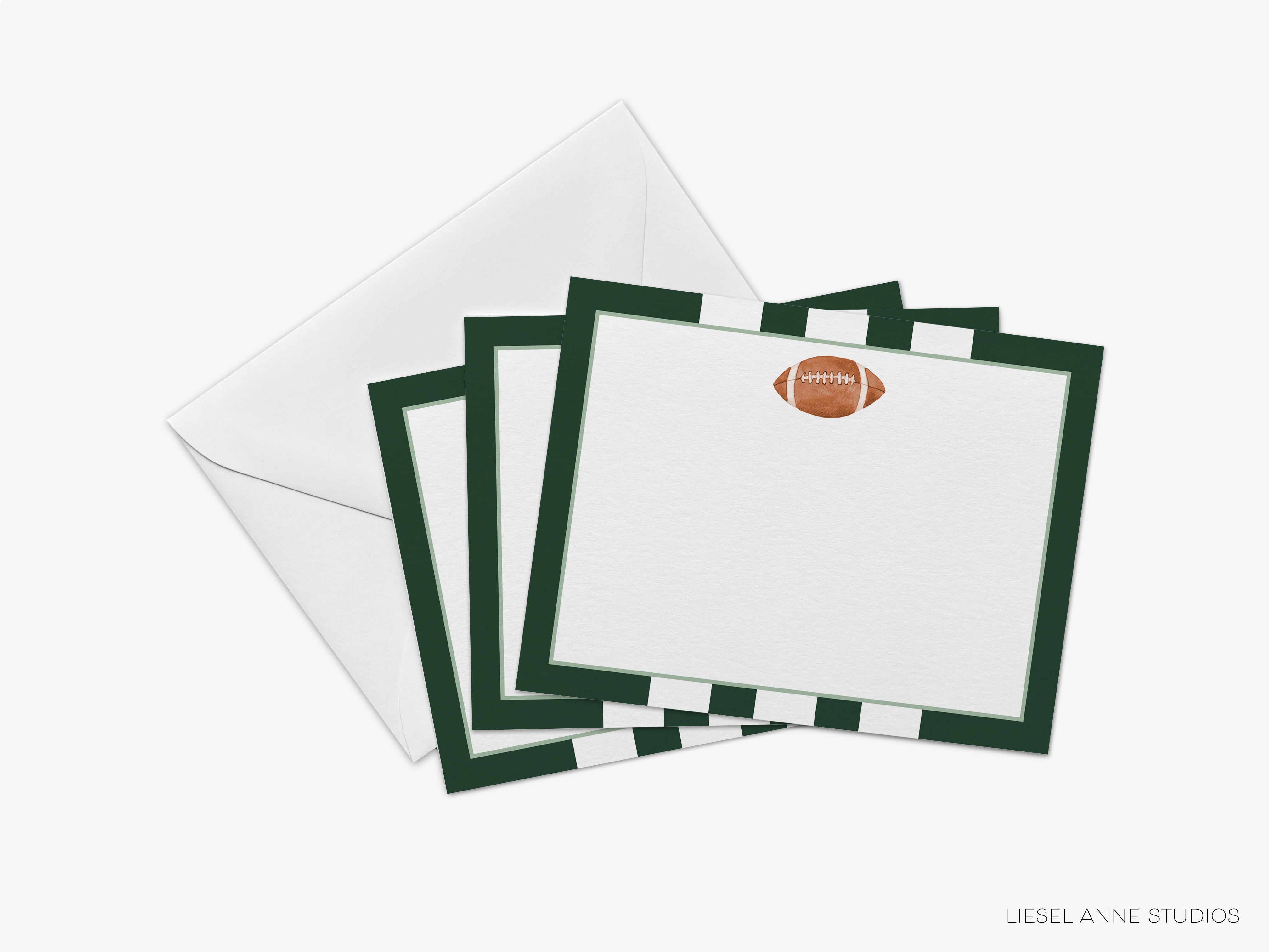 A set of green and white football-themed postcards with a football image on the front, placed on top of an envelope.
