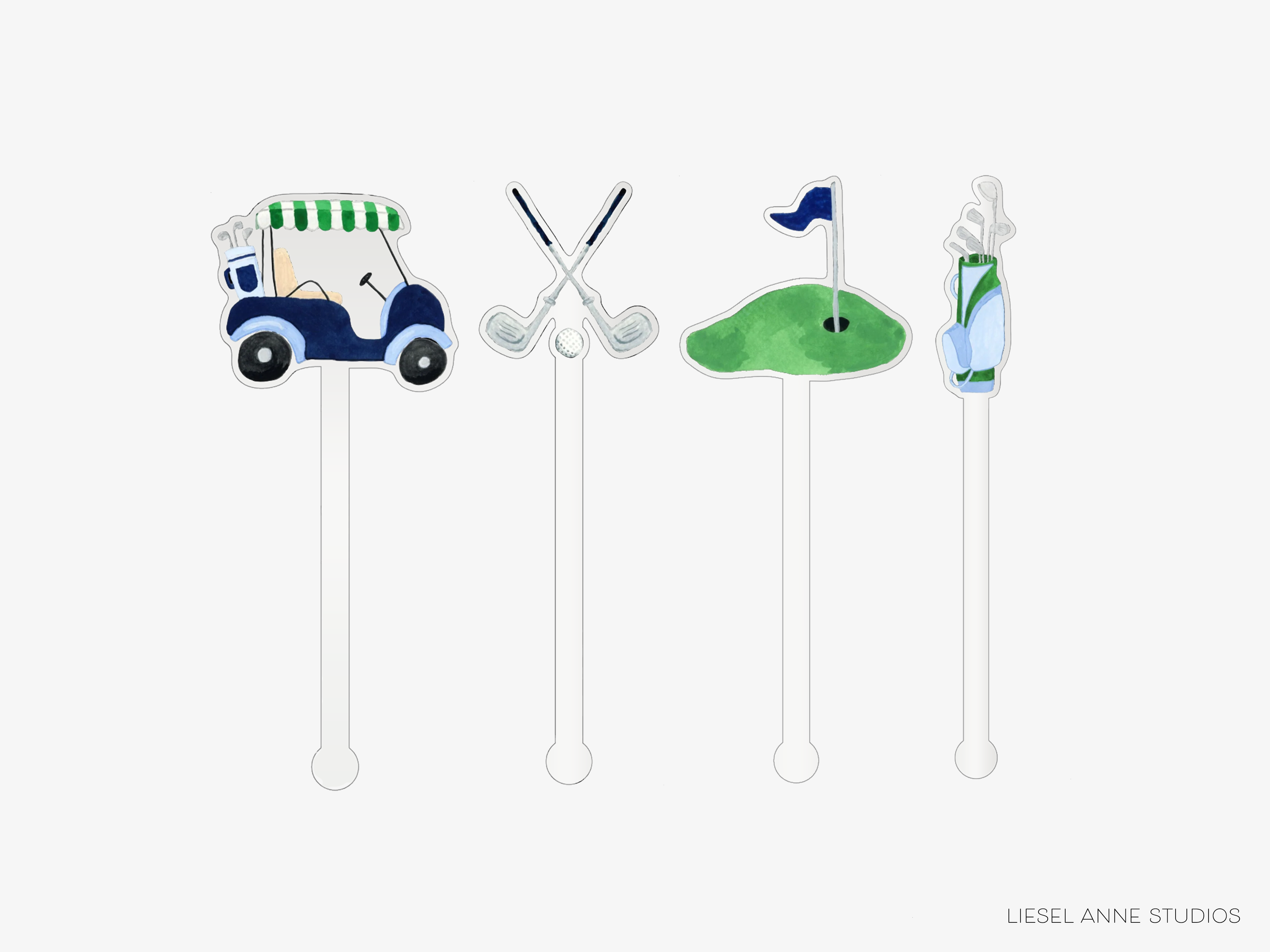 A collection of golf-themed objects, including a golf cart, golf clubs, a flag, and a bottle, arranged in a row.