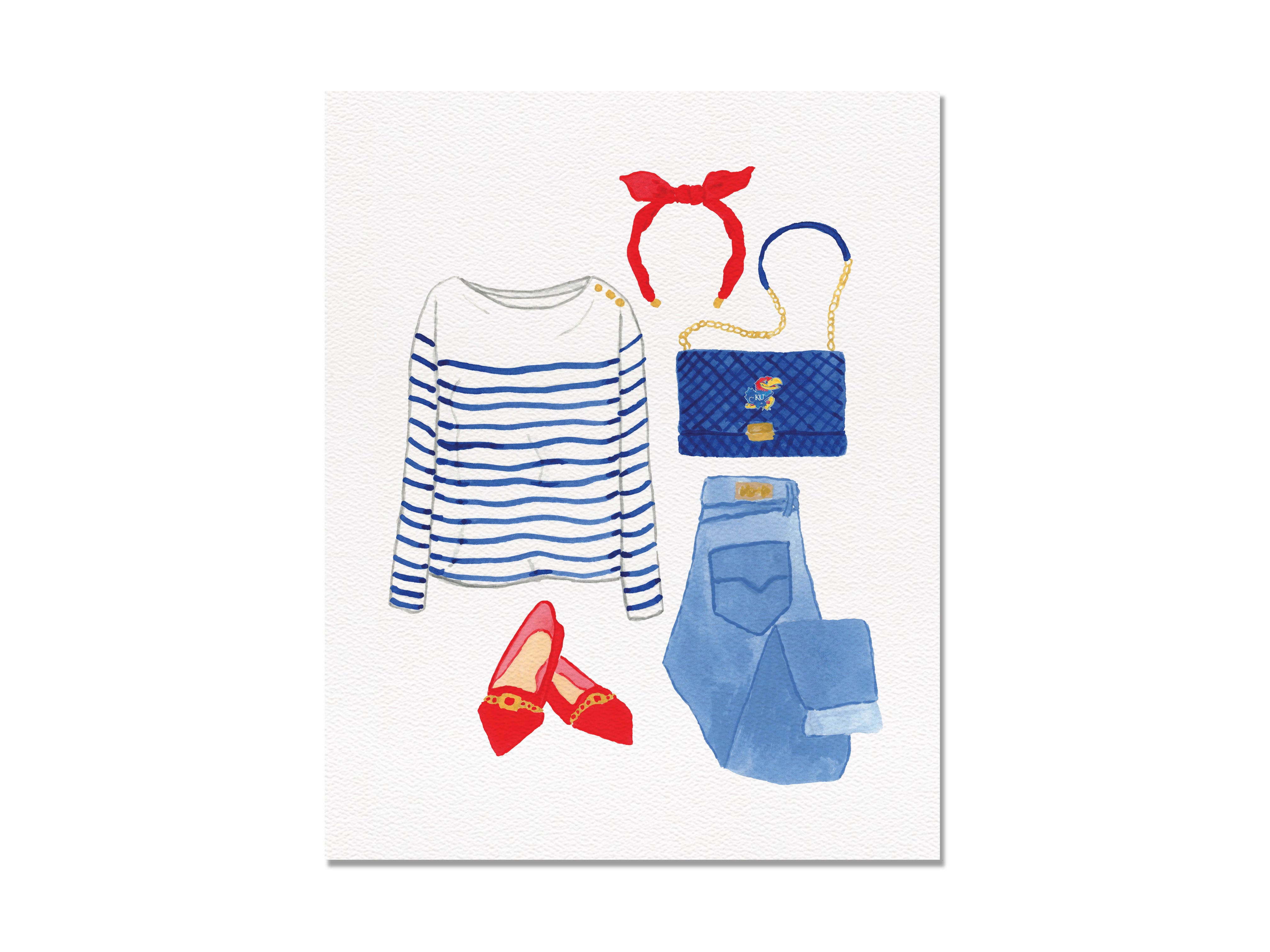The image is a collage of fashion items, including a striped shirt, jeans, red shoes, a red bow, a blue purse, and a red headband.