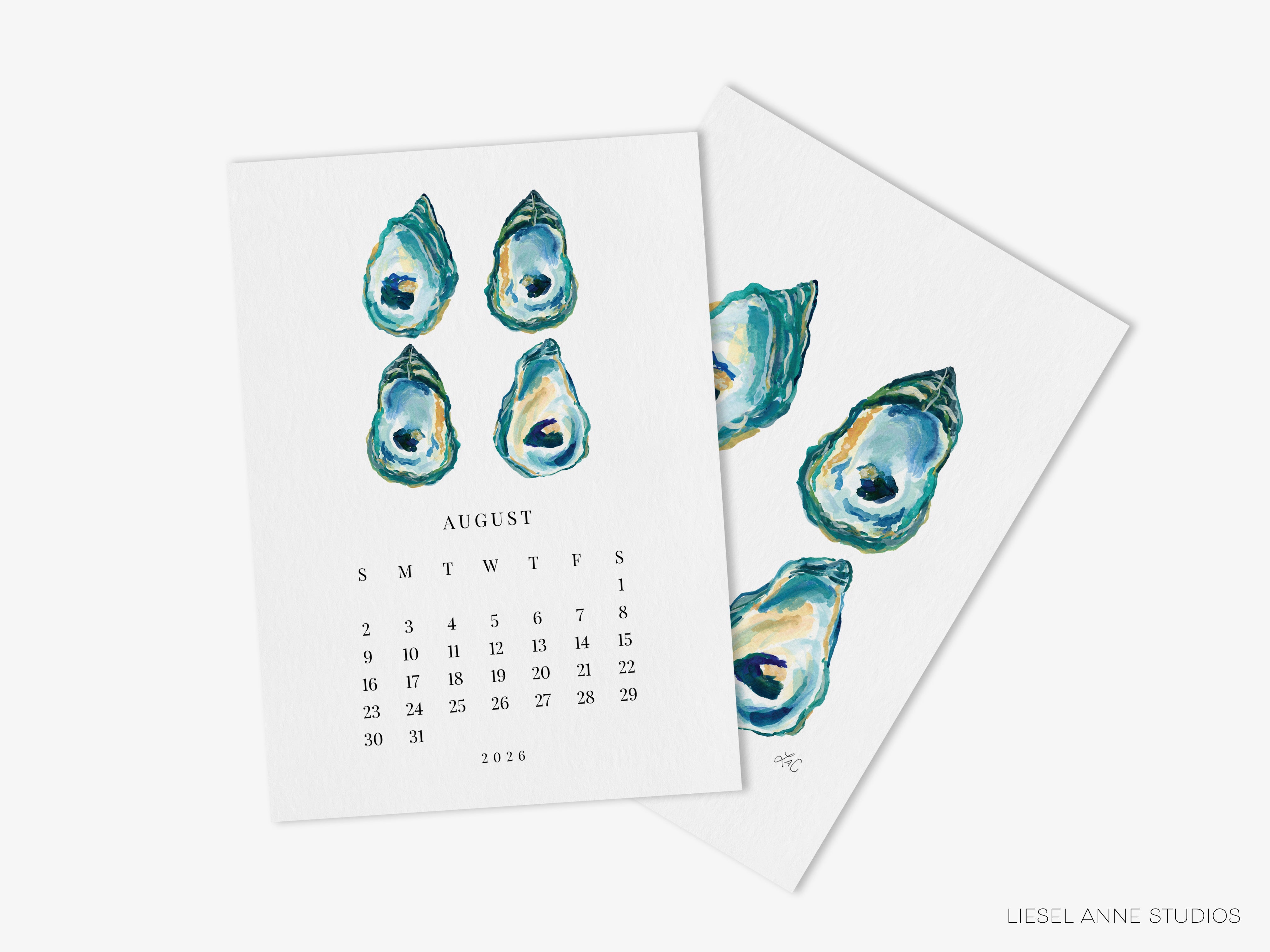 The image is a calendar featuring a watercolor illustration of oyster shells on each page.