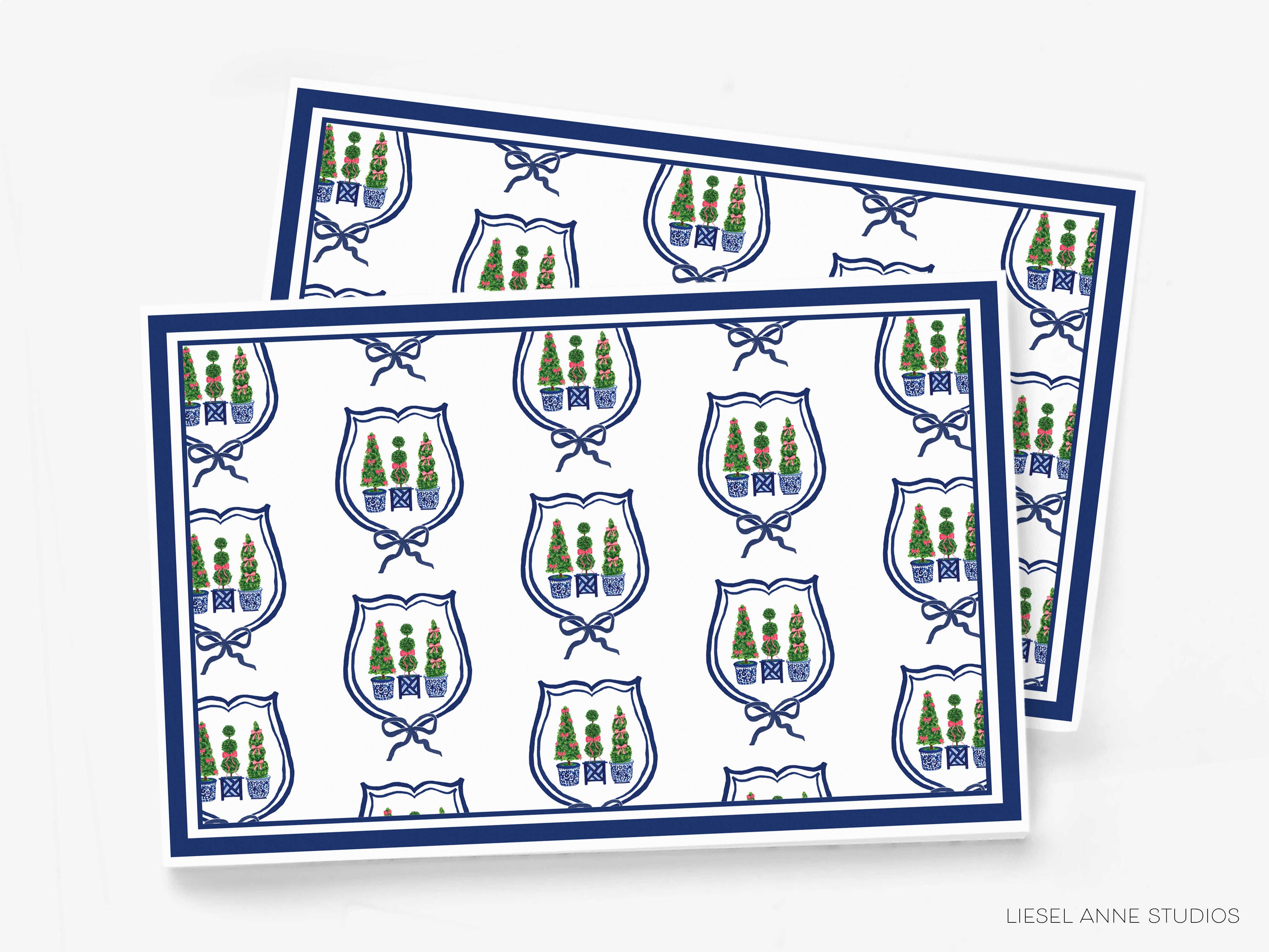 a repeating pattern of shield-shaped icons with trees and bows, arranged in a grid-like layout.
