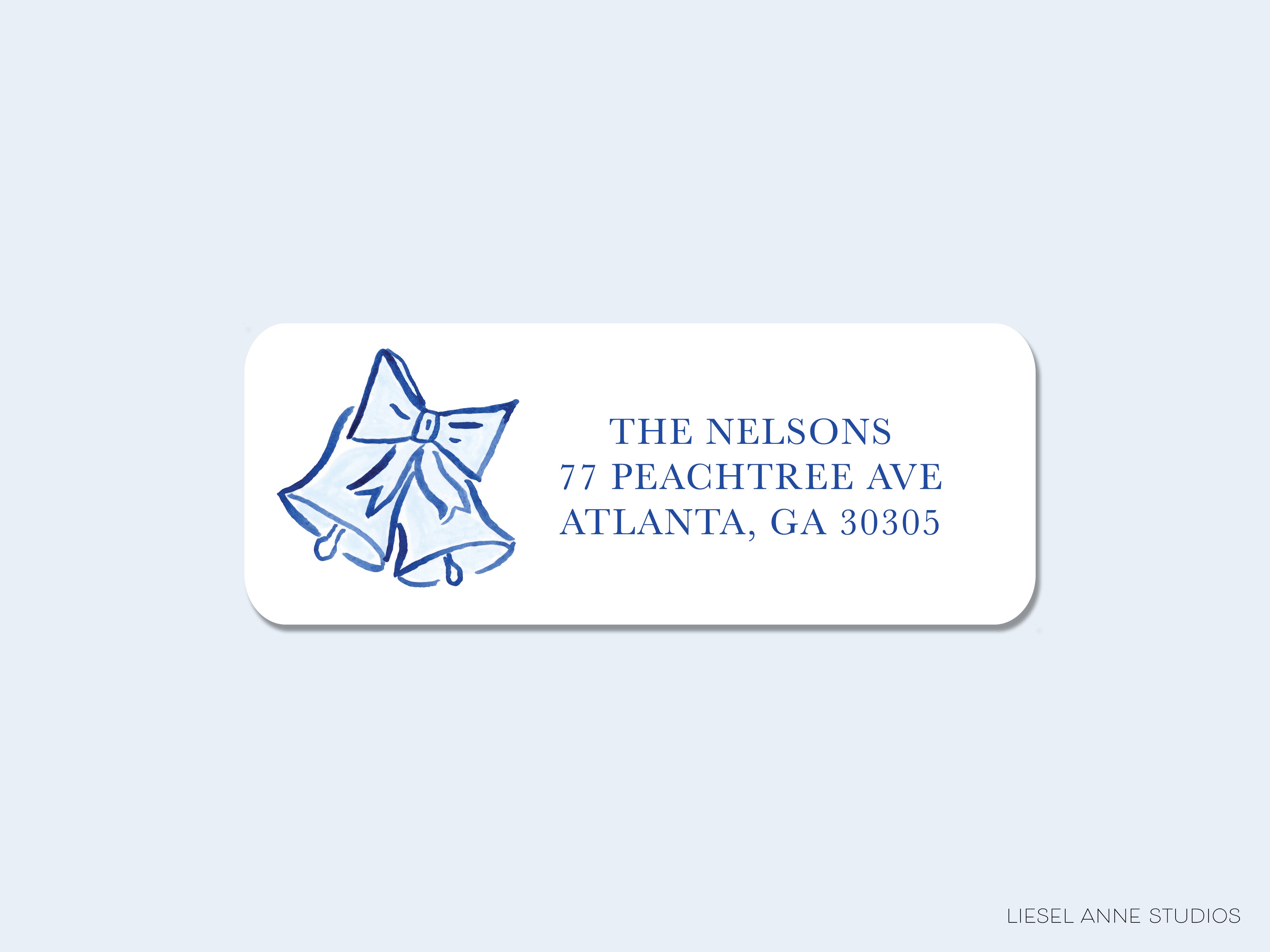 The image is a white rectangular label with a blue illustration of bells and text that reads "THE NELSONS 77 PEACHTREE AVENUE ATLANTA, GA 30505".