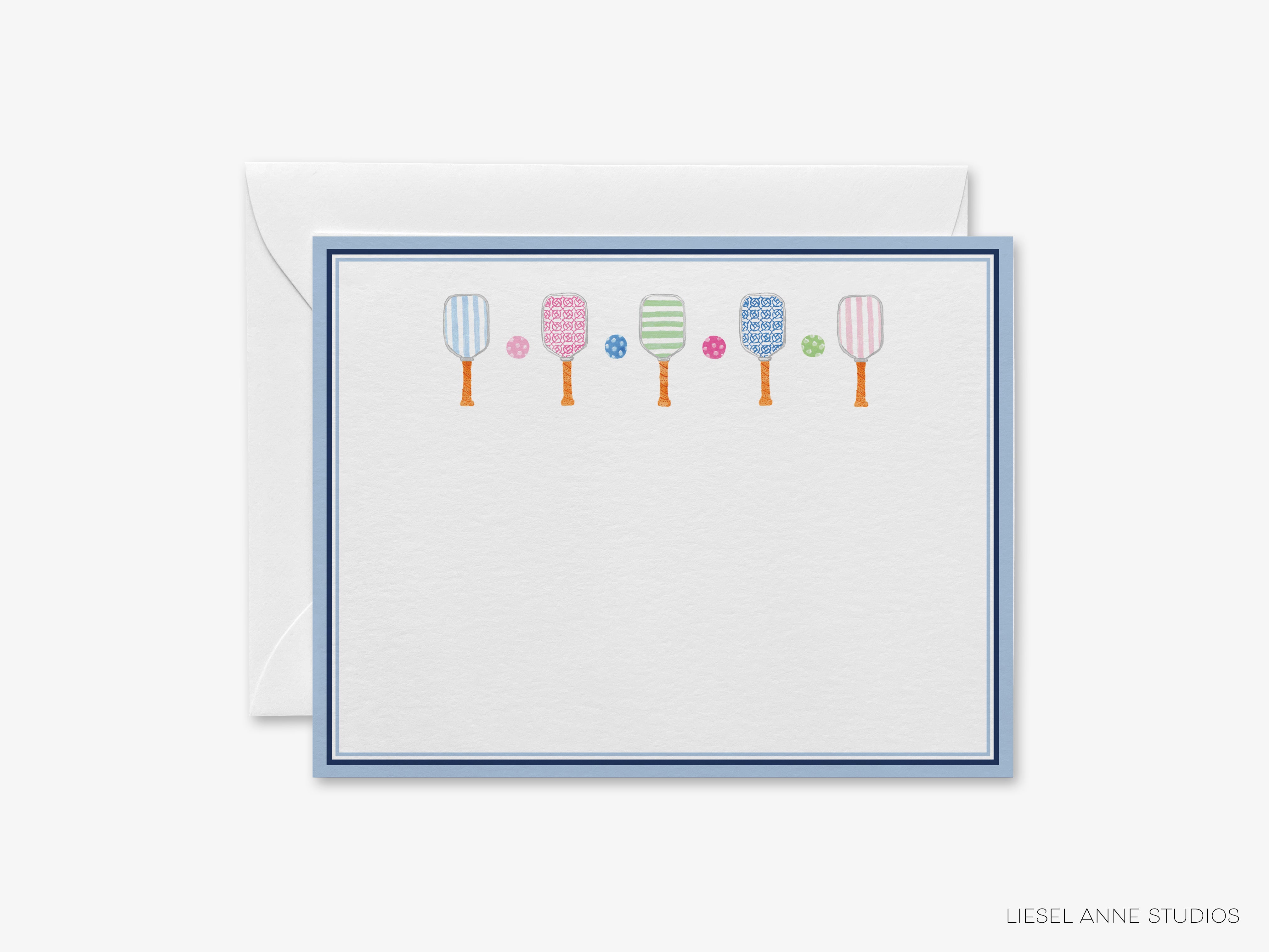 A white card with a blue border, featuring a row of colorful paddleball-themed illustrations.