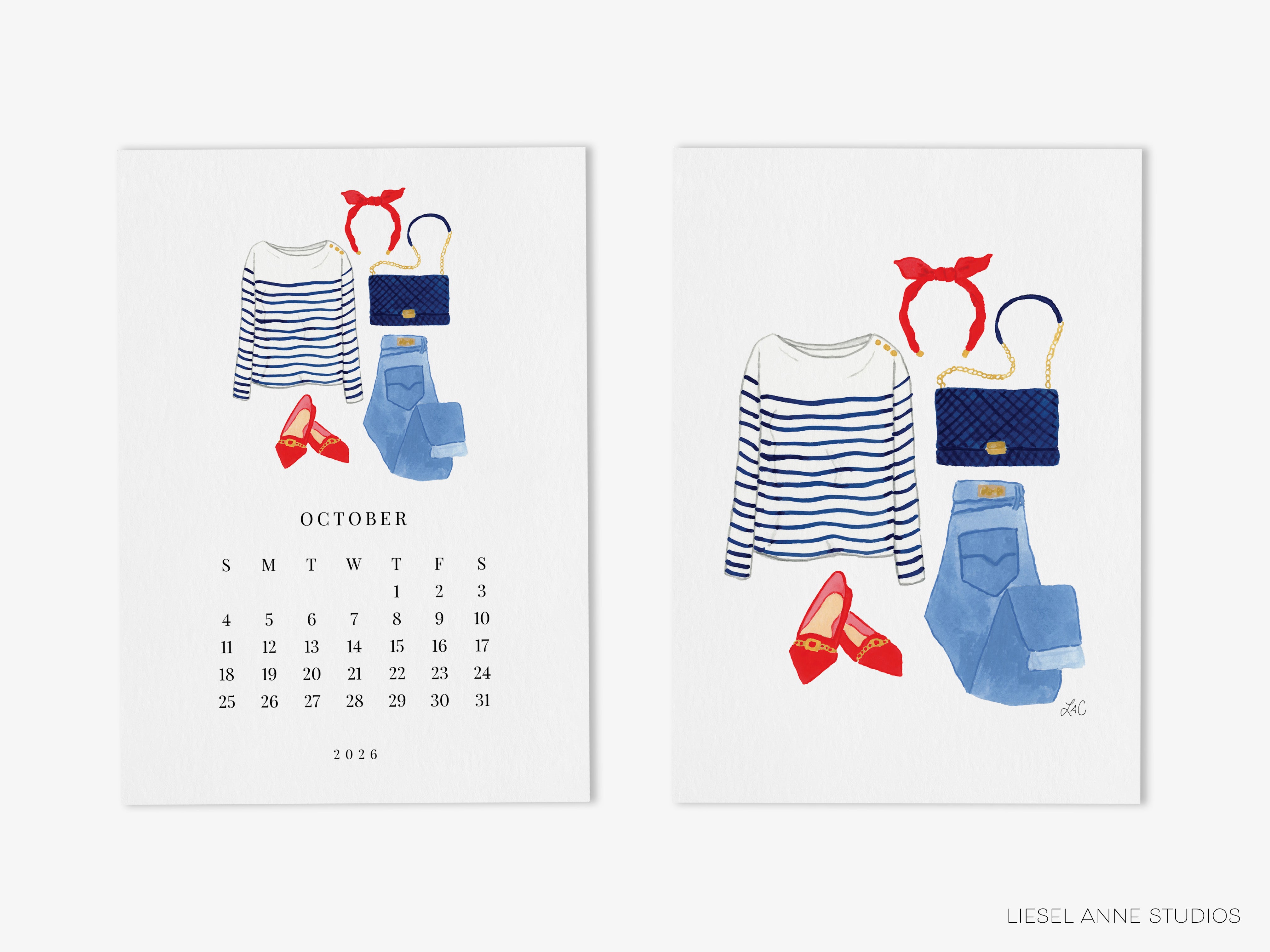 The image is a calendar page featuring illustrations of clothing and accessories, including a striped shirt, jeans, a headband, and a purse.