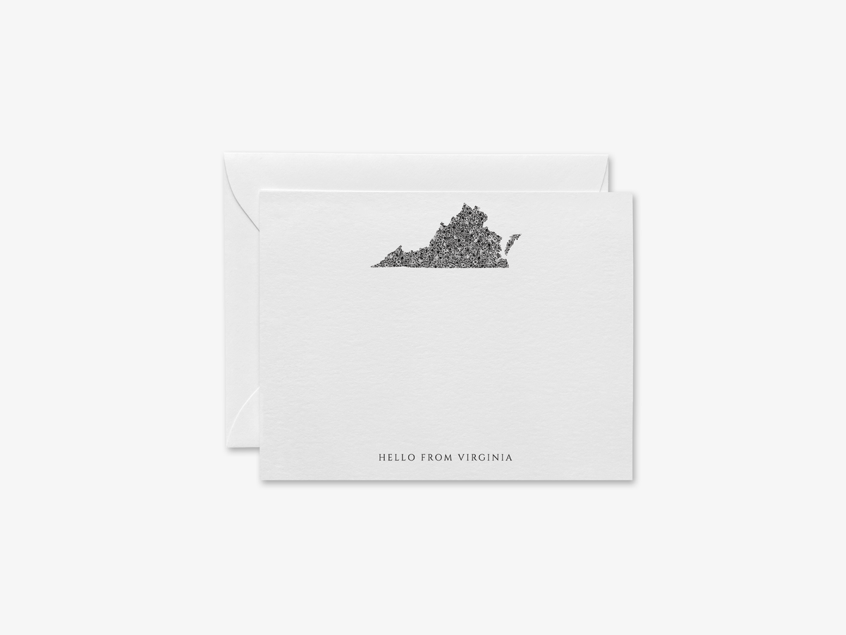 a white envelope with a black graphic of the state of Virginia on it, along with the greeting "Hello from Virginia" printed on the envelope.