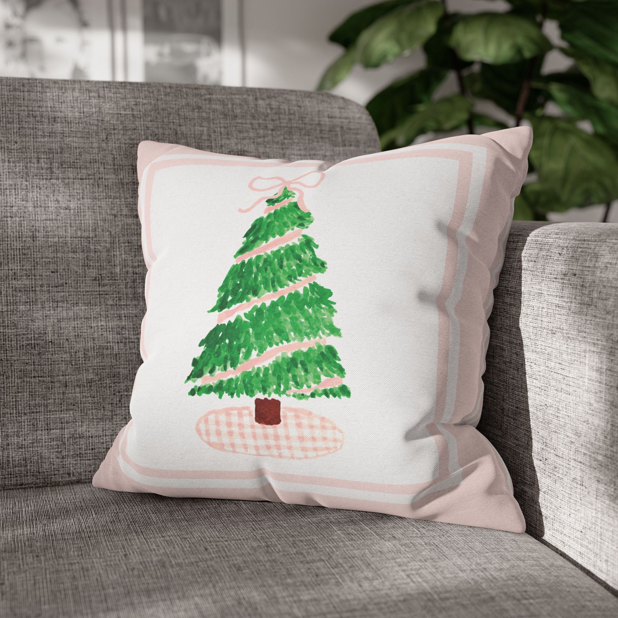 Pink Gingham Christmas Tree Pillow Cover