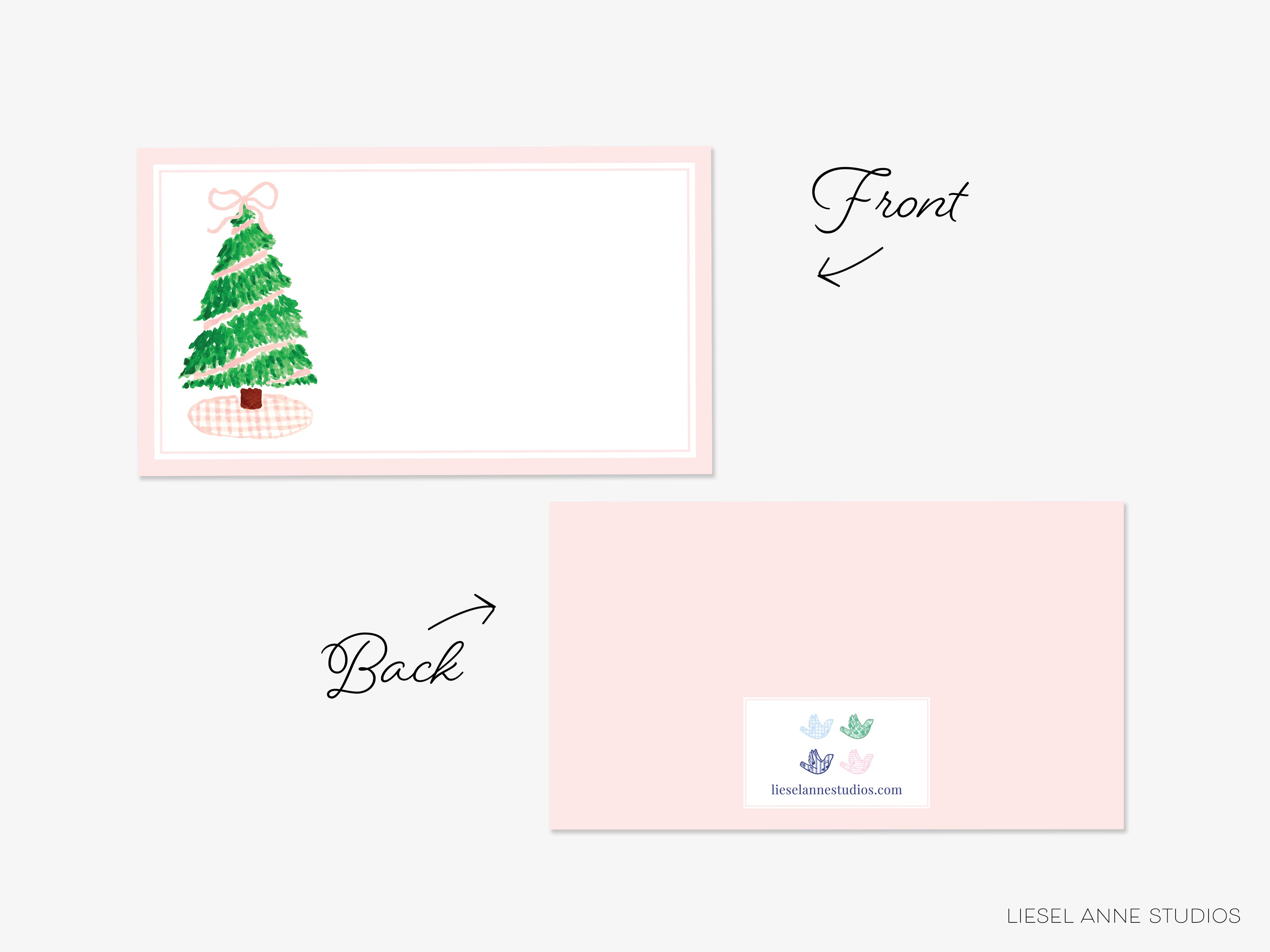 a pink card with a Christmas tree design and a back view, along with a small logo and text.