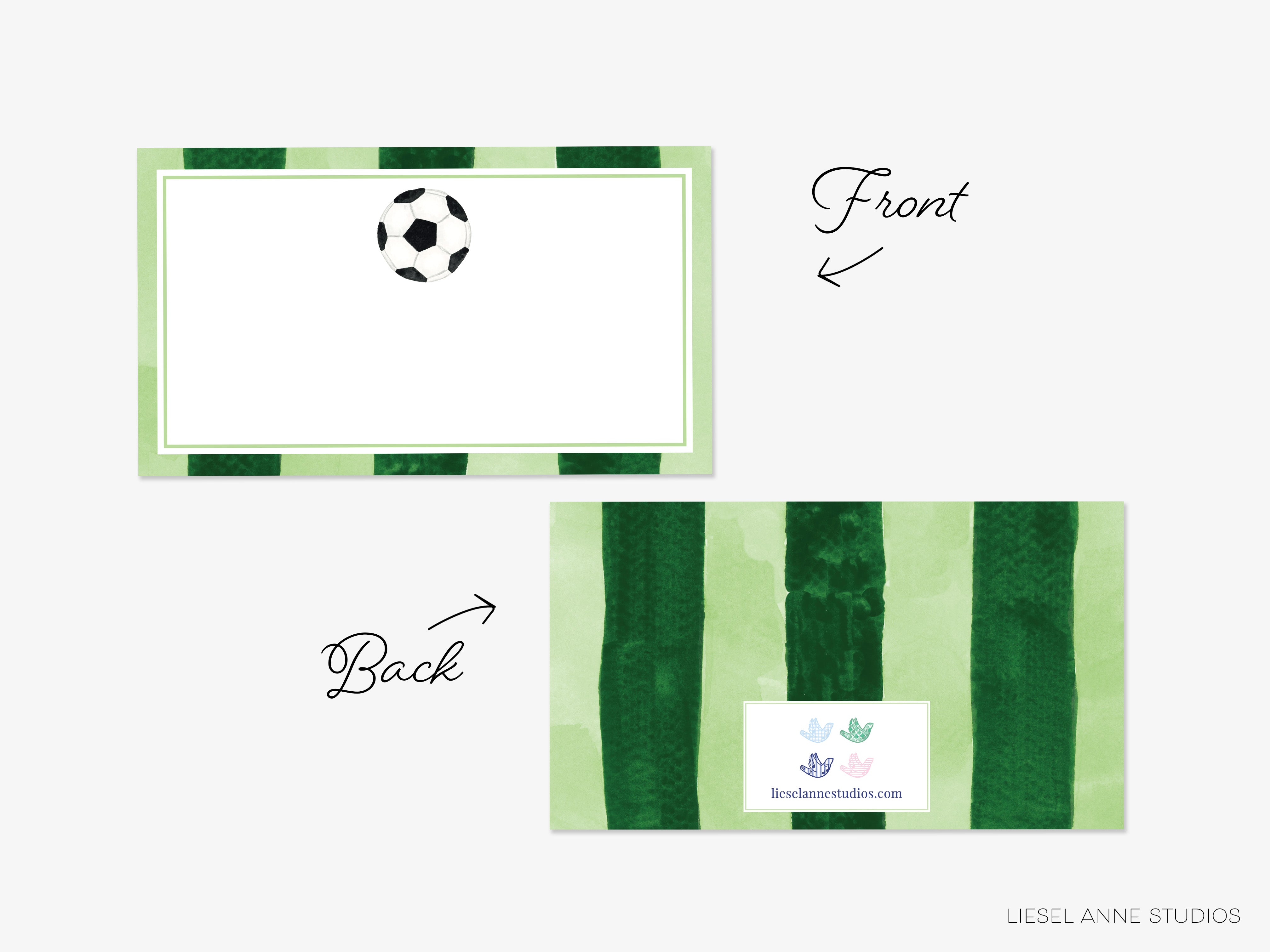 a soccer ball and a green and white striped background. There is a "Front" and "Back" arrow pointing to the soccer ball, and a small white label with text and a website address below the background.