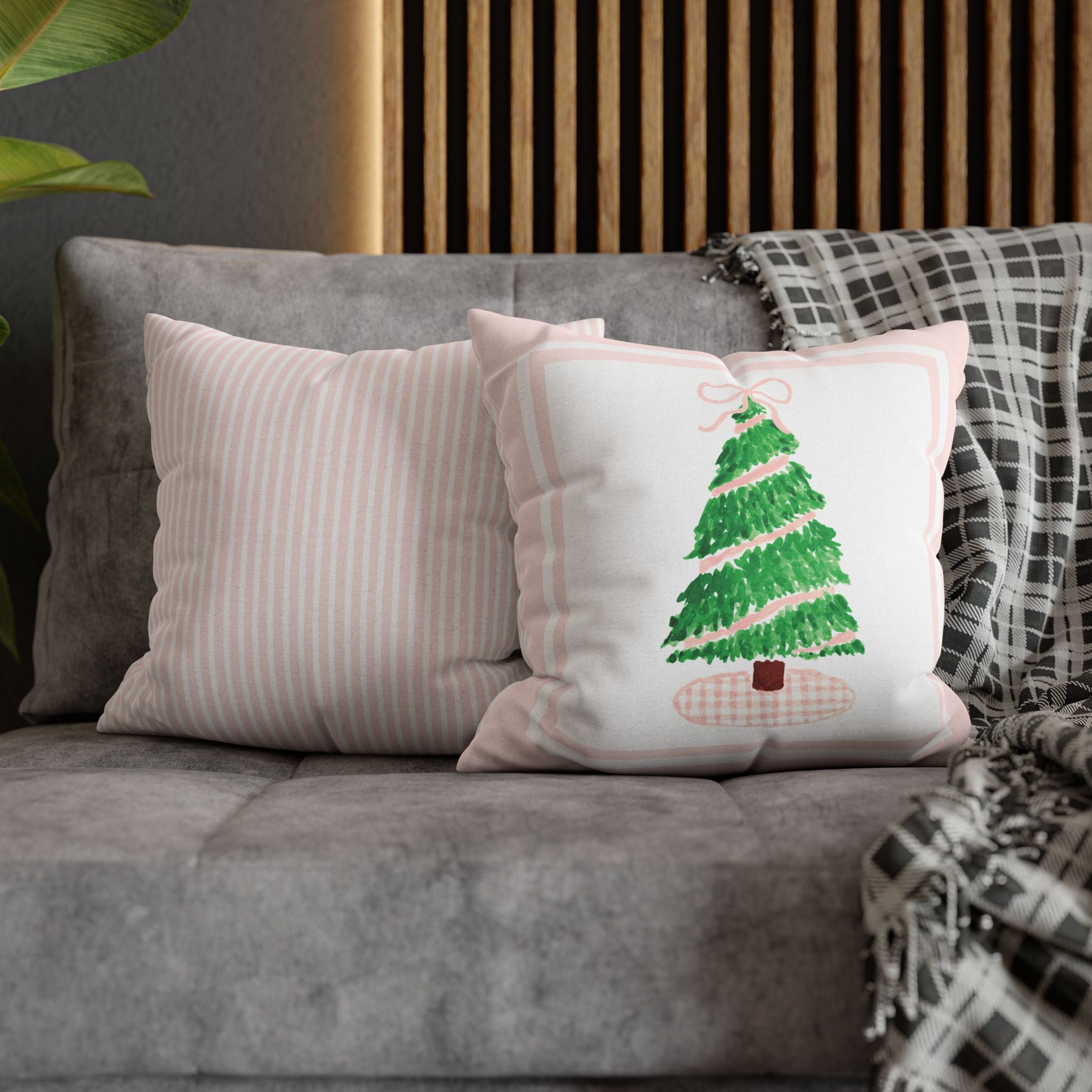 Pink Gingham Christmas Tree Pillow Cover