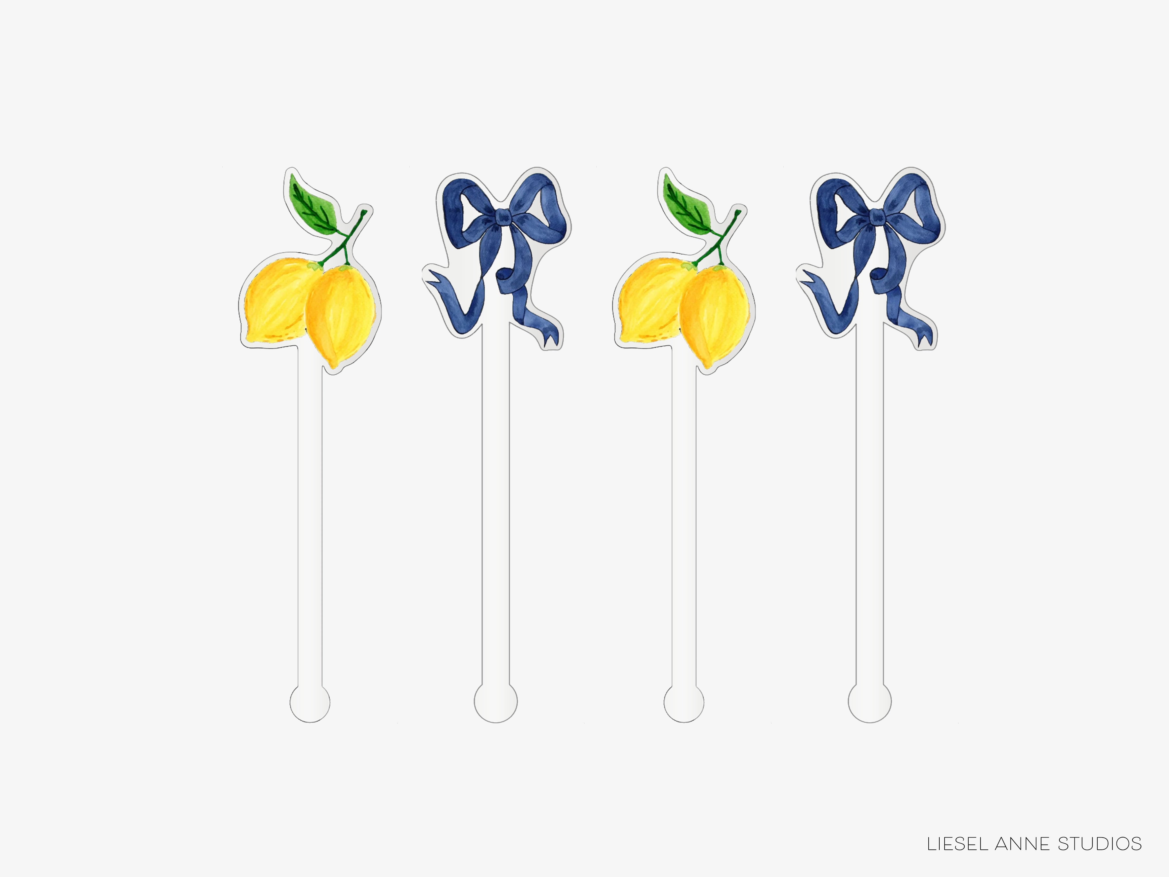 four lemon-shaped cocktail stirrers with blue bows on them.