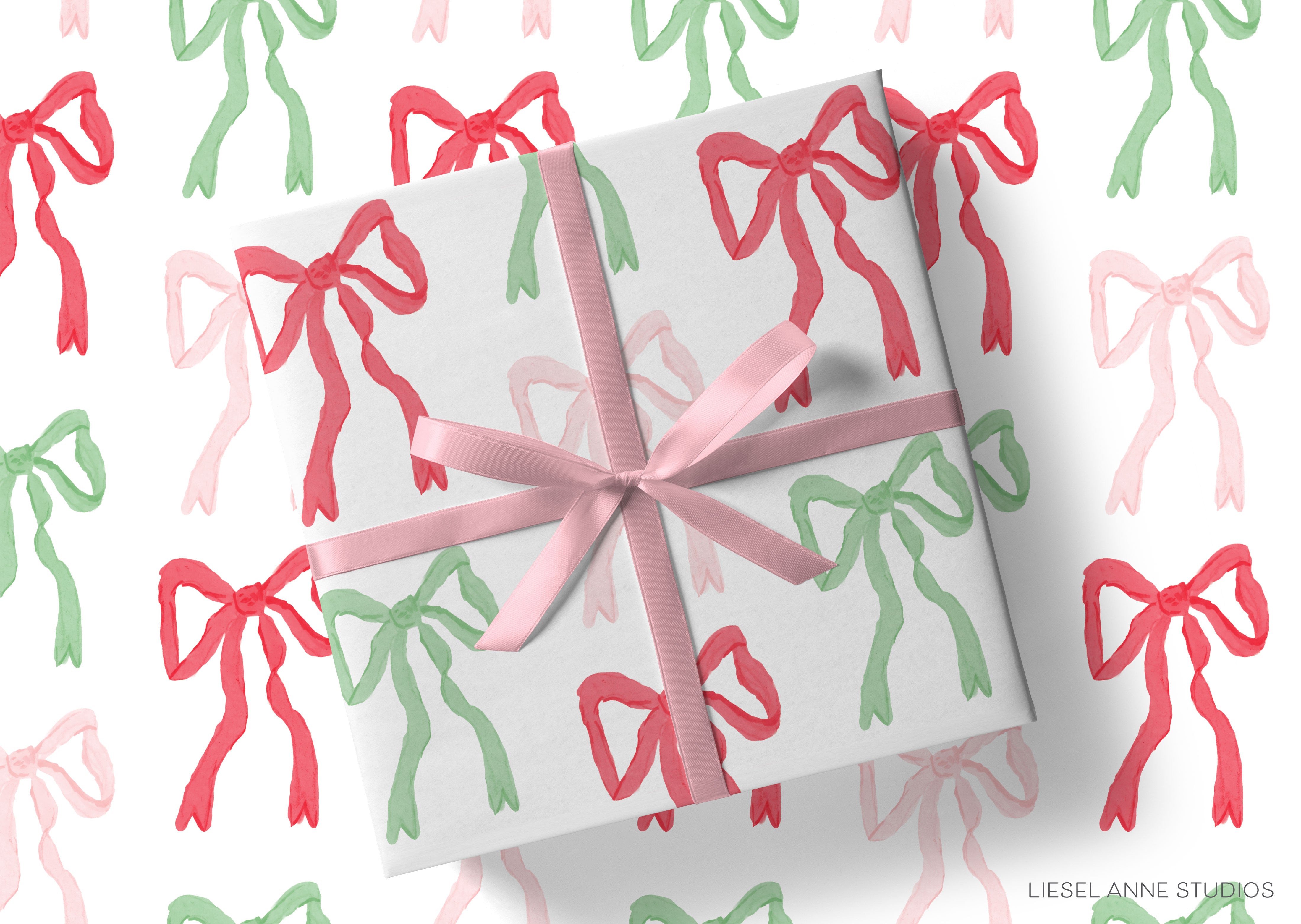 a gift box with a pink ribbon and bows, all set against a background of repeating green and red bows.