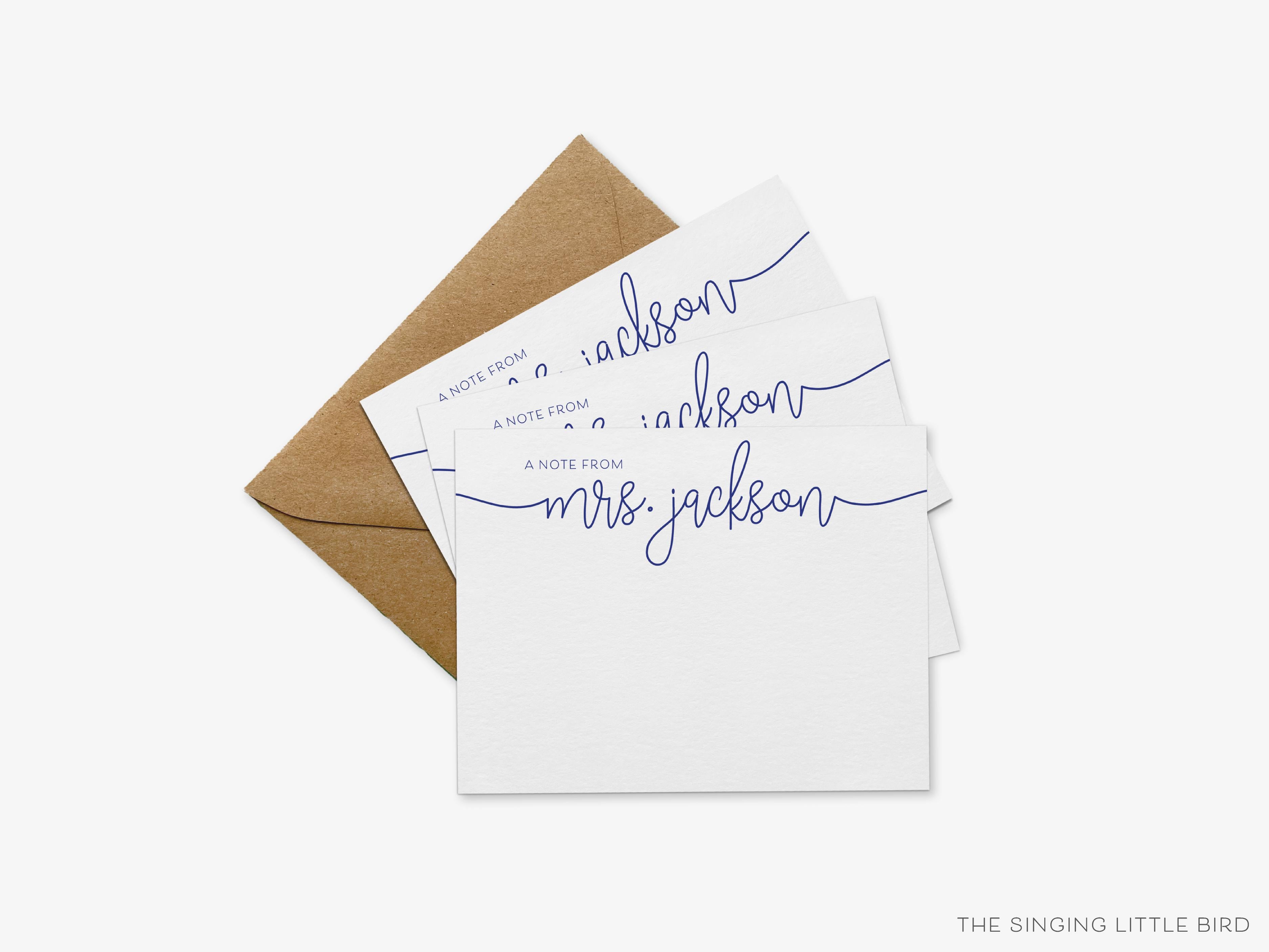 A Note From Script Personalized Flat Notes-These personalized flat notecards are 4.25x5.5 and feature our hand-painted watercolor swash script print, printed in the USA on 120lb textured stock. They come with your choice of envelopes and make great thank yous and gifts for the girly lover in your life.-The Singing Little Bird