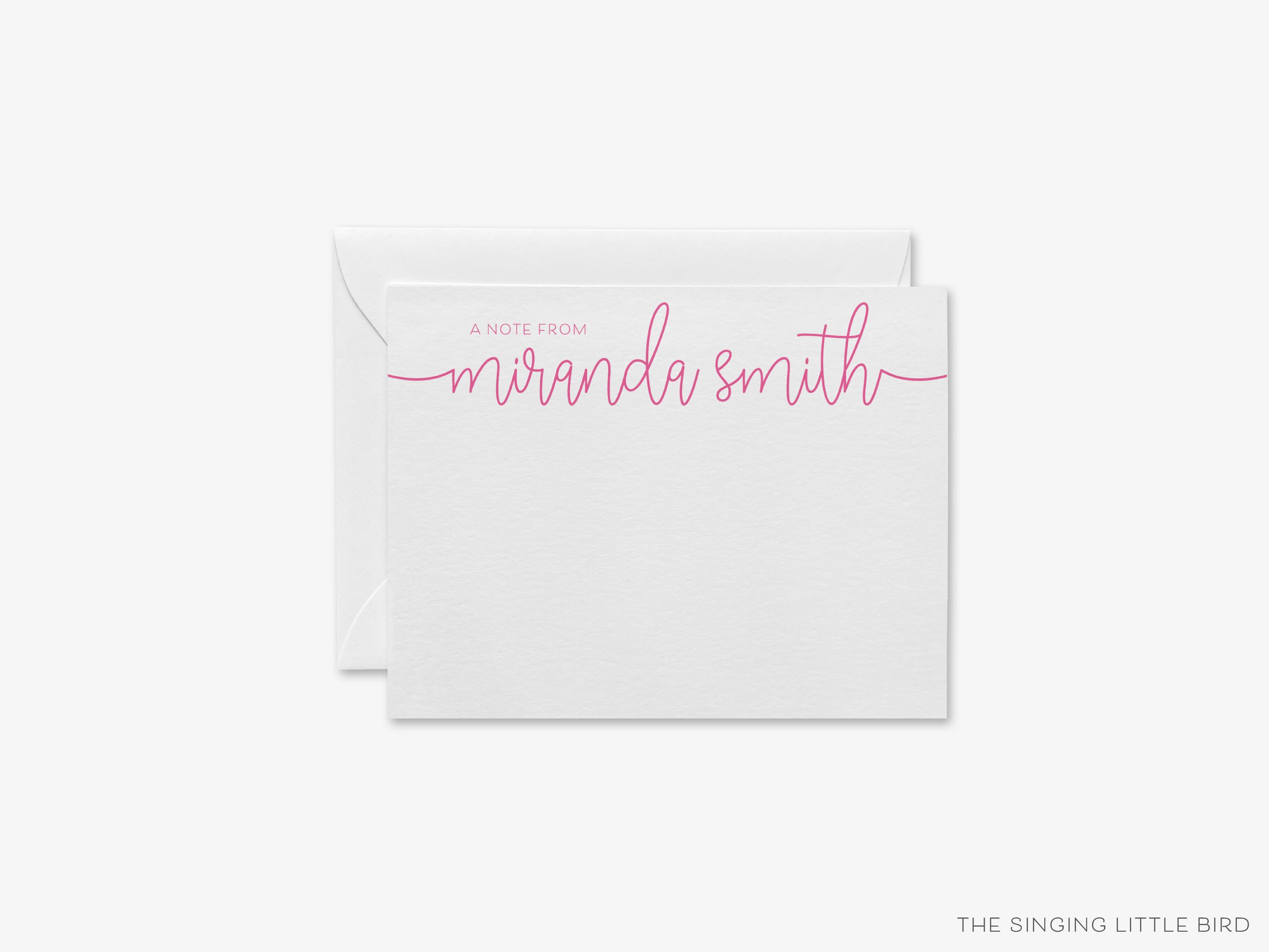 A Note From Script Personalized Flat Notes-These personalized flat notecards are 4.25x5.5 and feature our hand-painted watercolor swash script print, printed in the USA on 120lb textured stock. They come with your choice of envelopes and make great thank yous and gifts for the girly lover in your life.-The Singing Little Bird
