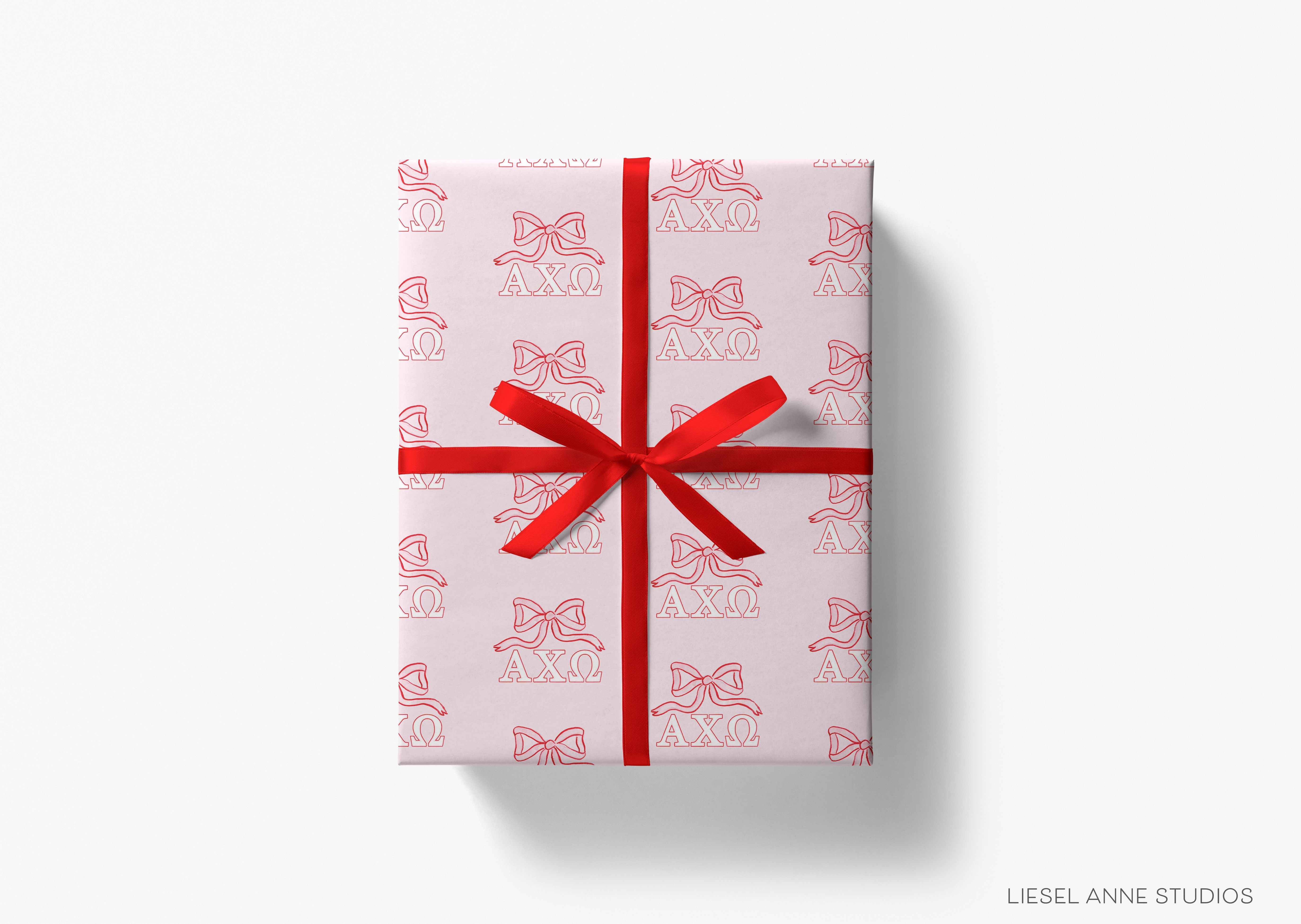 Alpha Chi Omega Pink Bow Gift Wrap-This matte finish gift wrap features our hand-painted watercolor pink and red bows and 
Alpha Chi Omega greek letters. It makes a perfect wrapping paper for any celebration present for an A Chi-O sister. -The Singing Little Bird