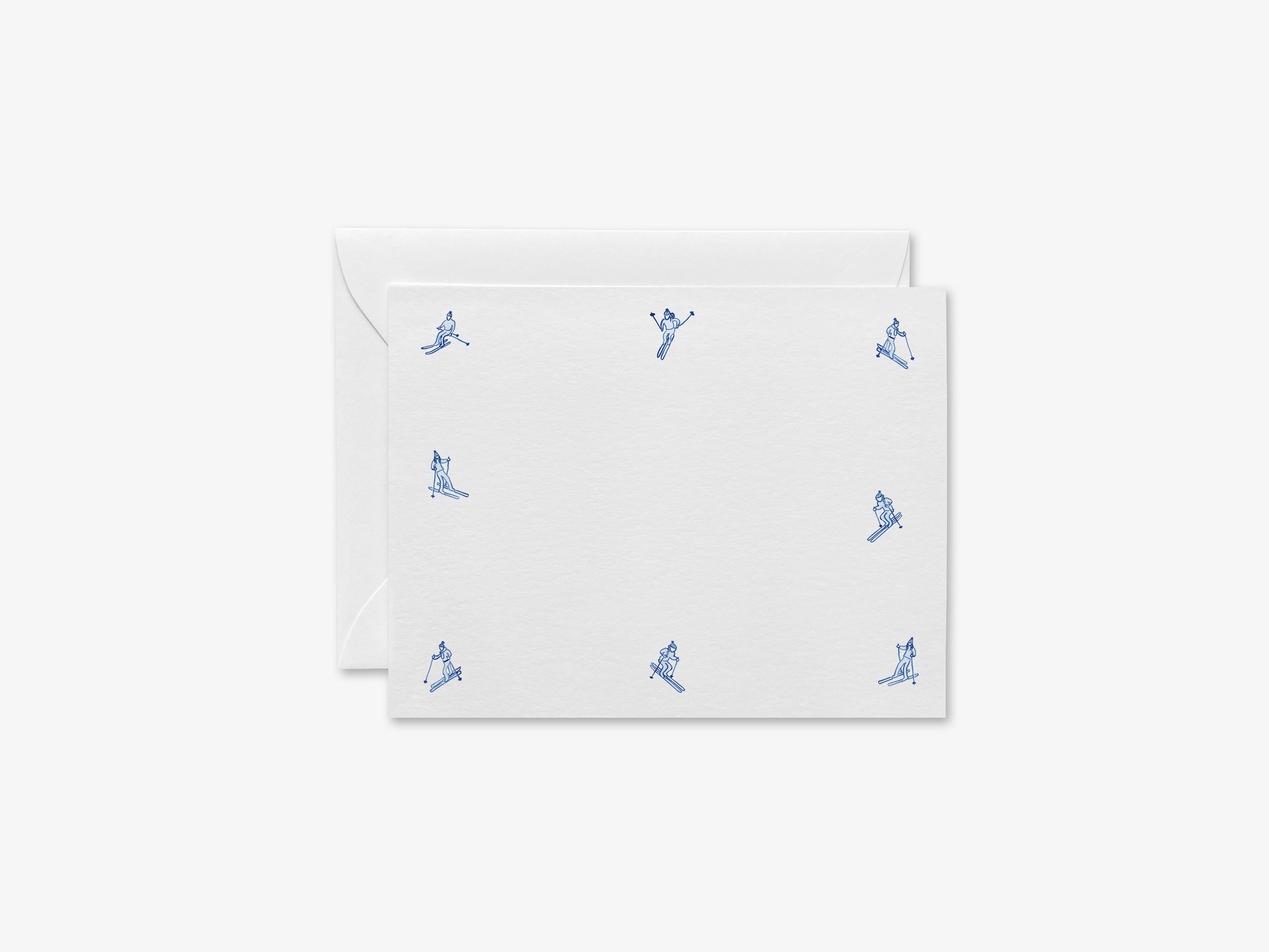 Après Ski Skier Flat Notes-These personalized flat notecards are 4.25x5.5 and feature our hand-painted snow skiers, printed in the USA on 120lb textured stock. They come with your choice of envelopes and make great thank you and gifts for the winter sports lover in your life.-The Singing Little Bird
