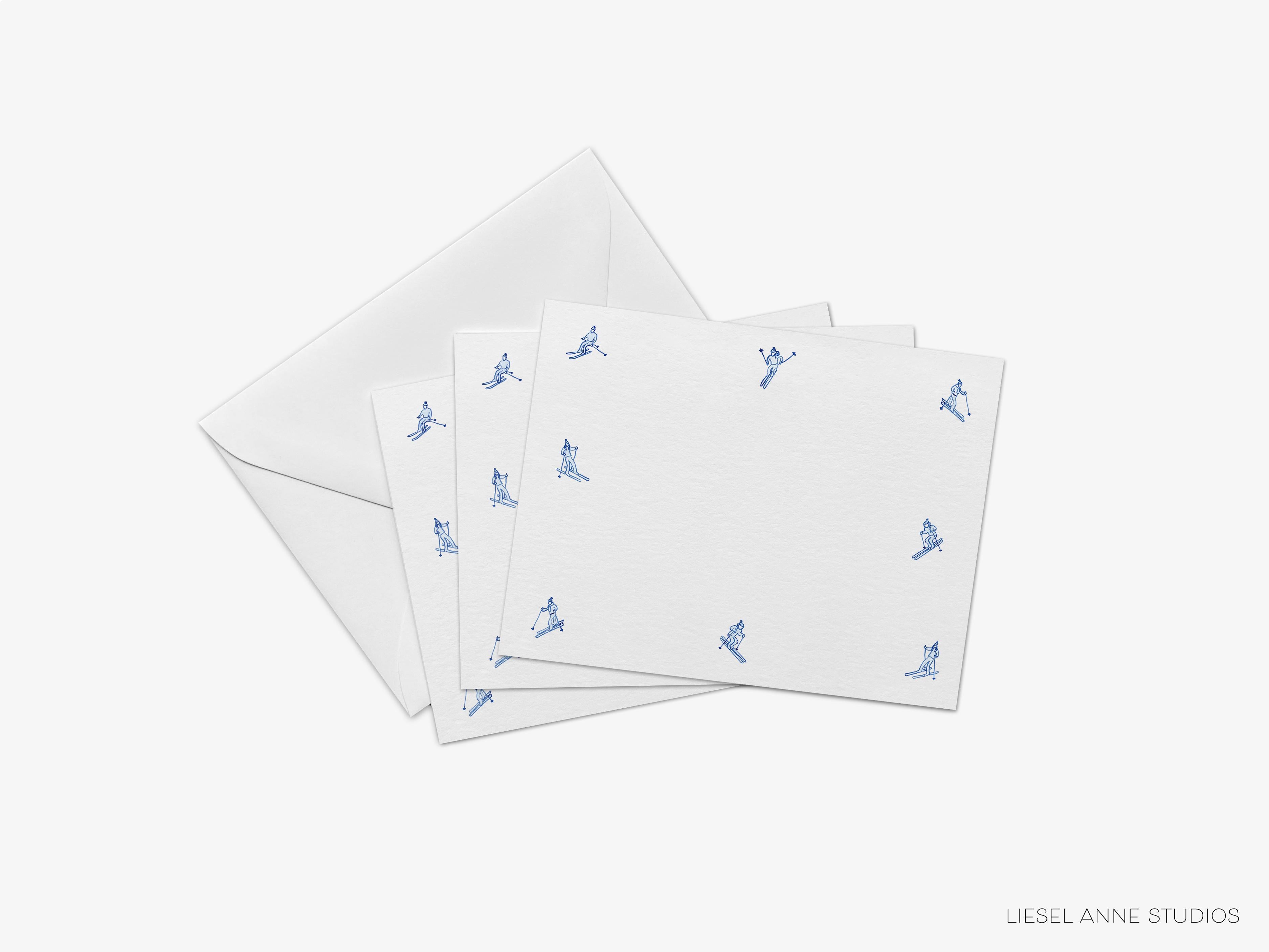 Après Ski Skier Flat Notes-These personalized flat notecards are 4.25x5.5 and feature our hand-painted snow skiers, printed in the USA on 120lb textured stock. They come with your choice of envelopes and make great thank you and gifts for the winter sports lover in your life.-The Singing Little Bird