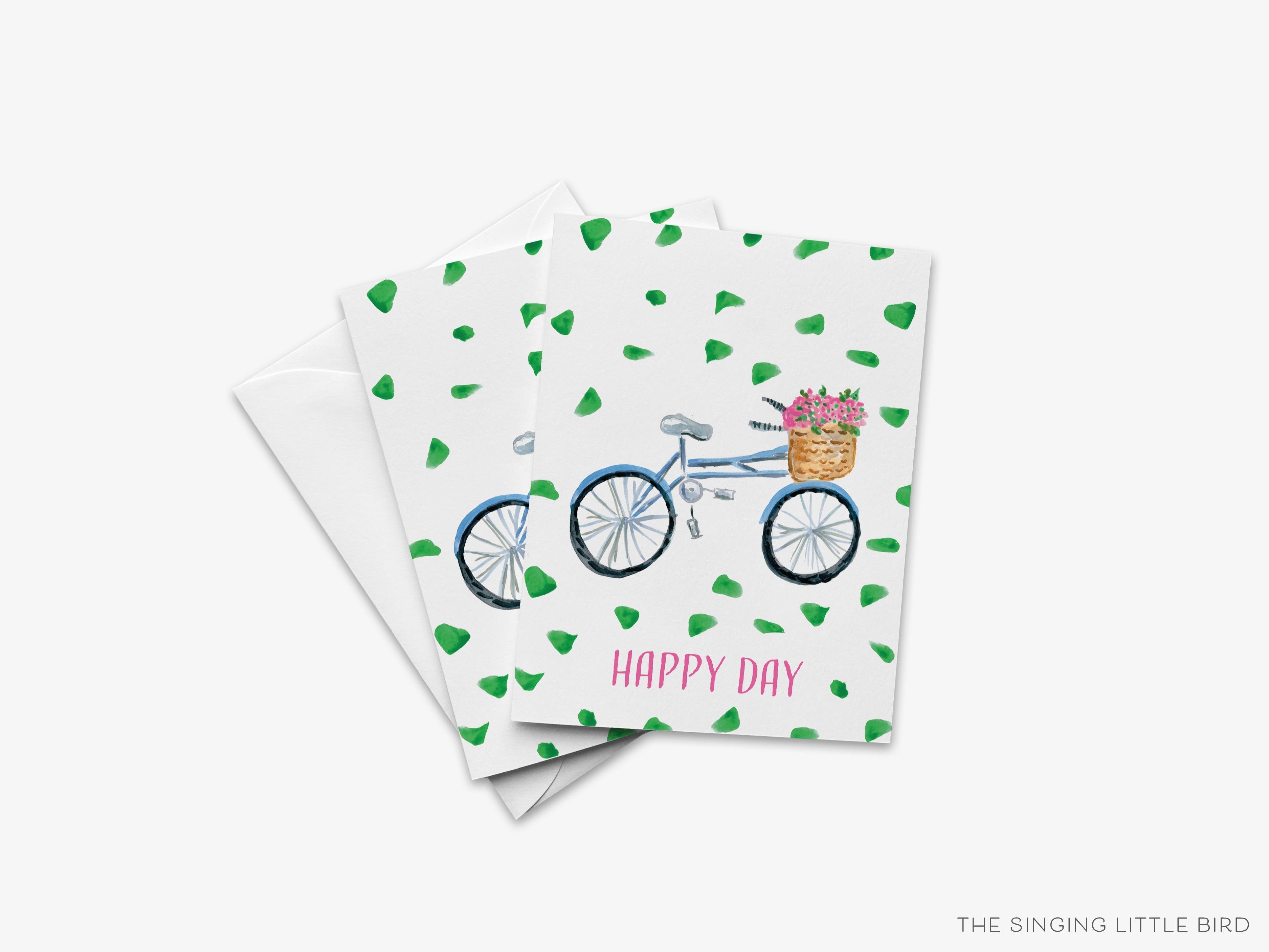 Bicycle Happy Day Greeting Card-These folded greeting cards are 4.25x5.5 and feature our hand-painted bicycle with basket of flowers, printed in the USA on 100lb textured stock. They come with a White envelope and make a great thinking of you card for the bike lover in your life.-The Singing Little Bird