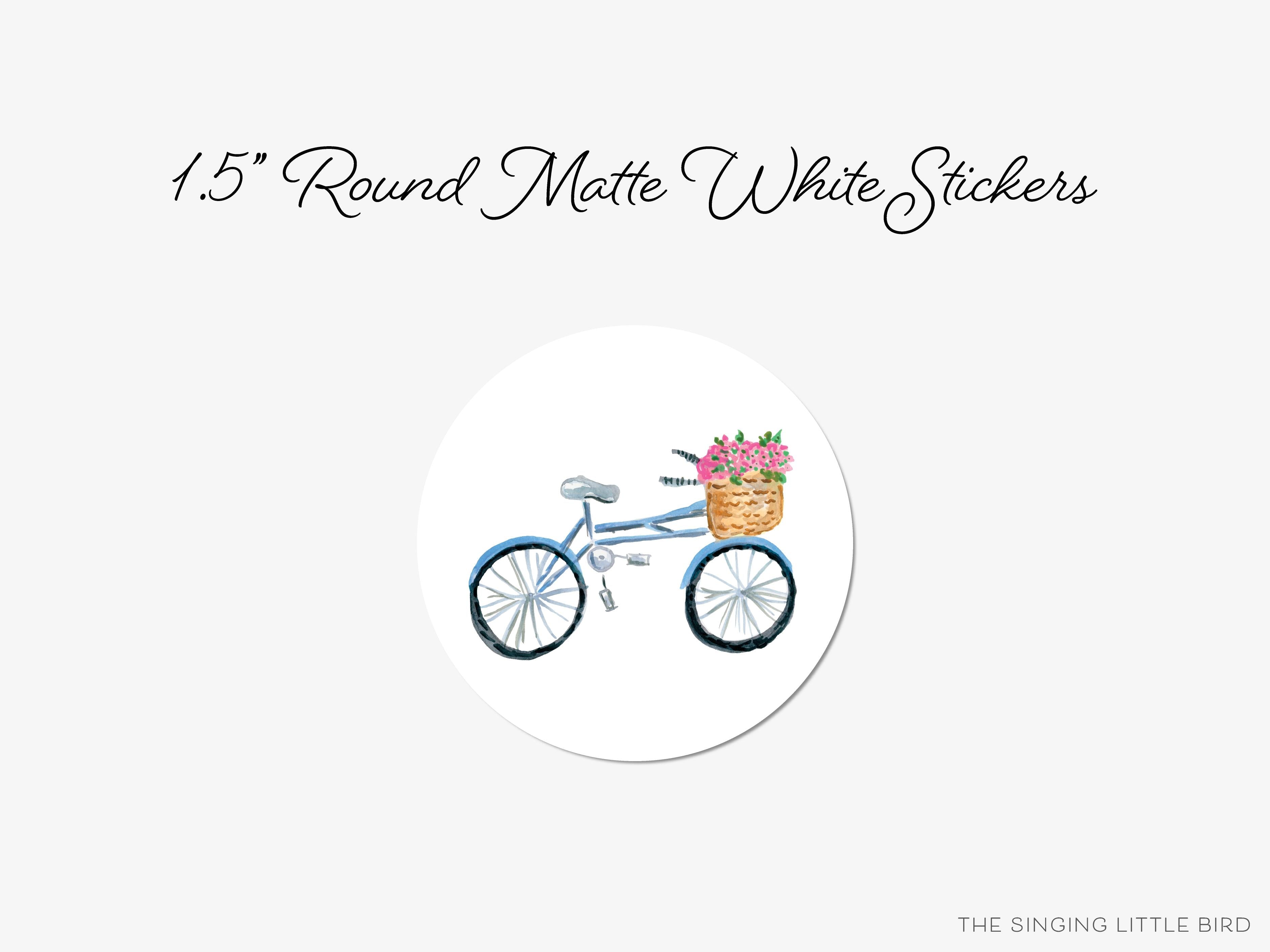 Bicycle with Flower Basket Round Stickers-These matte round stickers feature our hand-painted watercolor bicycle with a basket of flowers, making great envelope seals or gifts for the springtime and bike lover in your life.-The Singing Little Bird