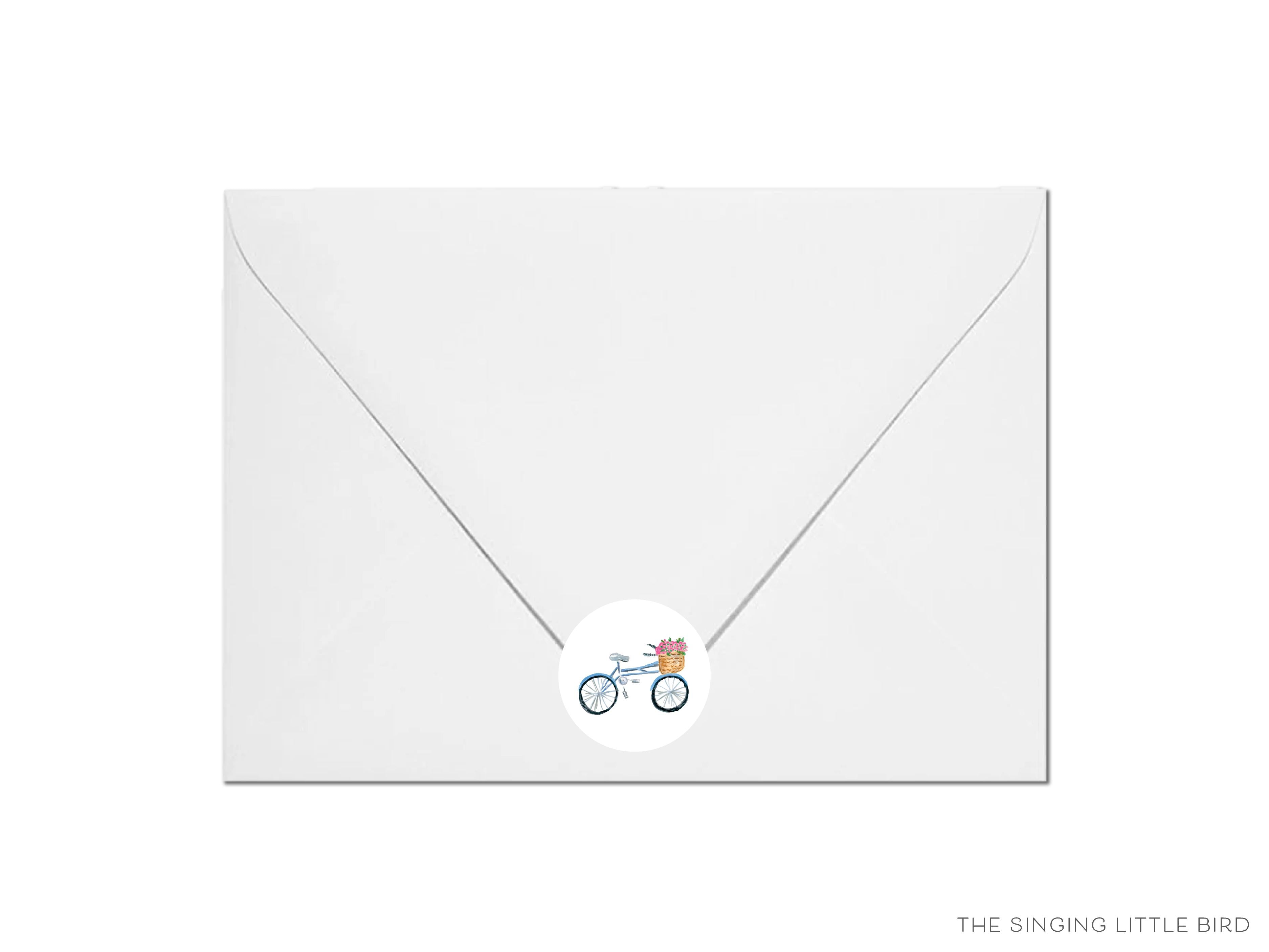 Bicycle with Flower Basket Round Stickers-These matte round stickers feature our hand-painted watercolor bicycle with a basket of flowers, making great envelope seals or gifts for the springtime and bike lover in your life.-The Singing Little Bird