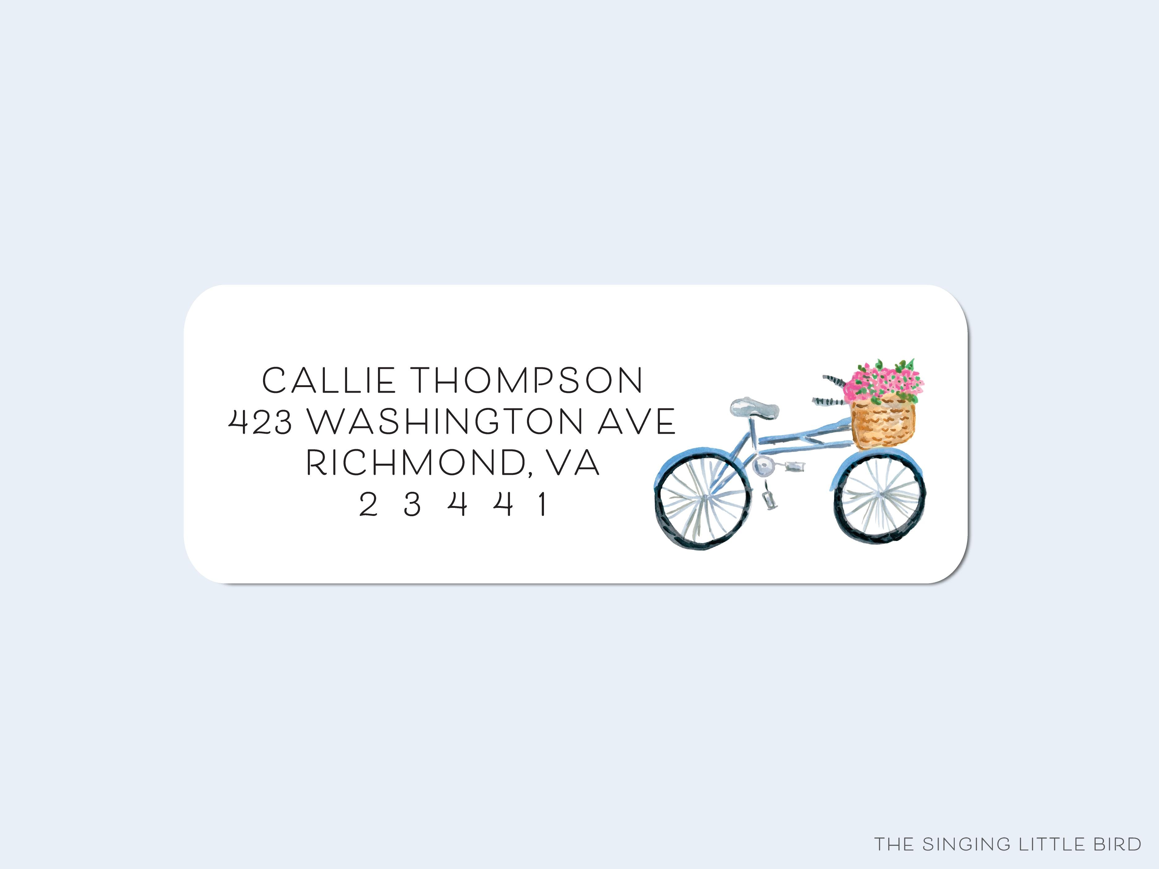 Bicycle with Flowers Return Address Labels-These personalized return address labels are 2.625" x 1" and feature our hand-painted watercolor bicycle with a basket of flowers, printed in the USA on beautiful matte finish labels. These make great gifts for yourself or the bike lover.-The Singing Little Bird