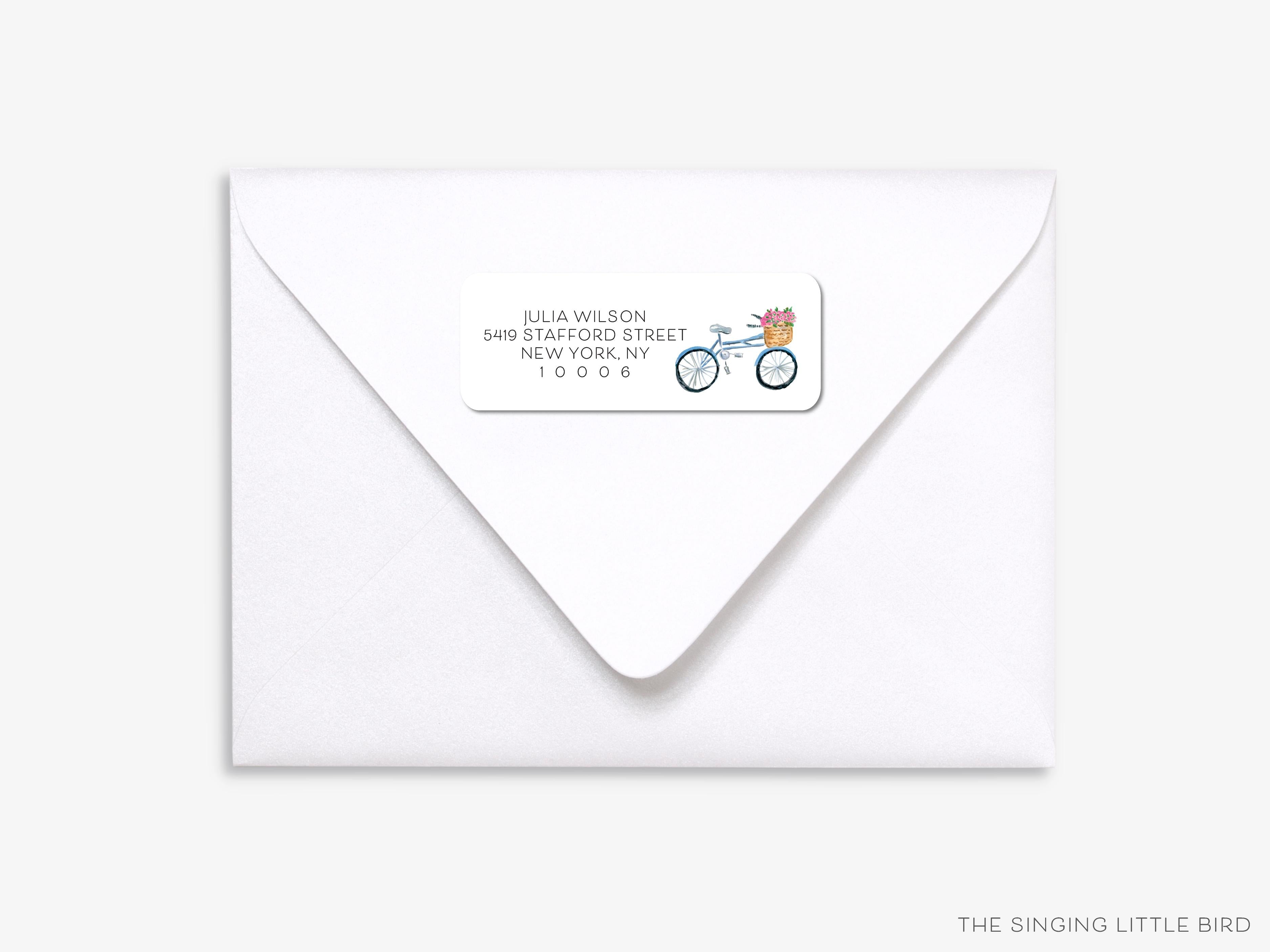 Bicycle with Flowers Return Address Labels-These personalized return address labels are 2.625" x 1" and feature our hand-painted watercolor bicycle with a basket of flowers, printed in the USA on beautiful matte finish labels. These make great gifts for yourself or the bike lover.-The Singing Little Bird
