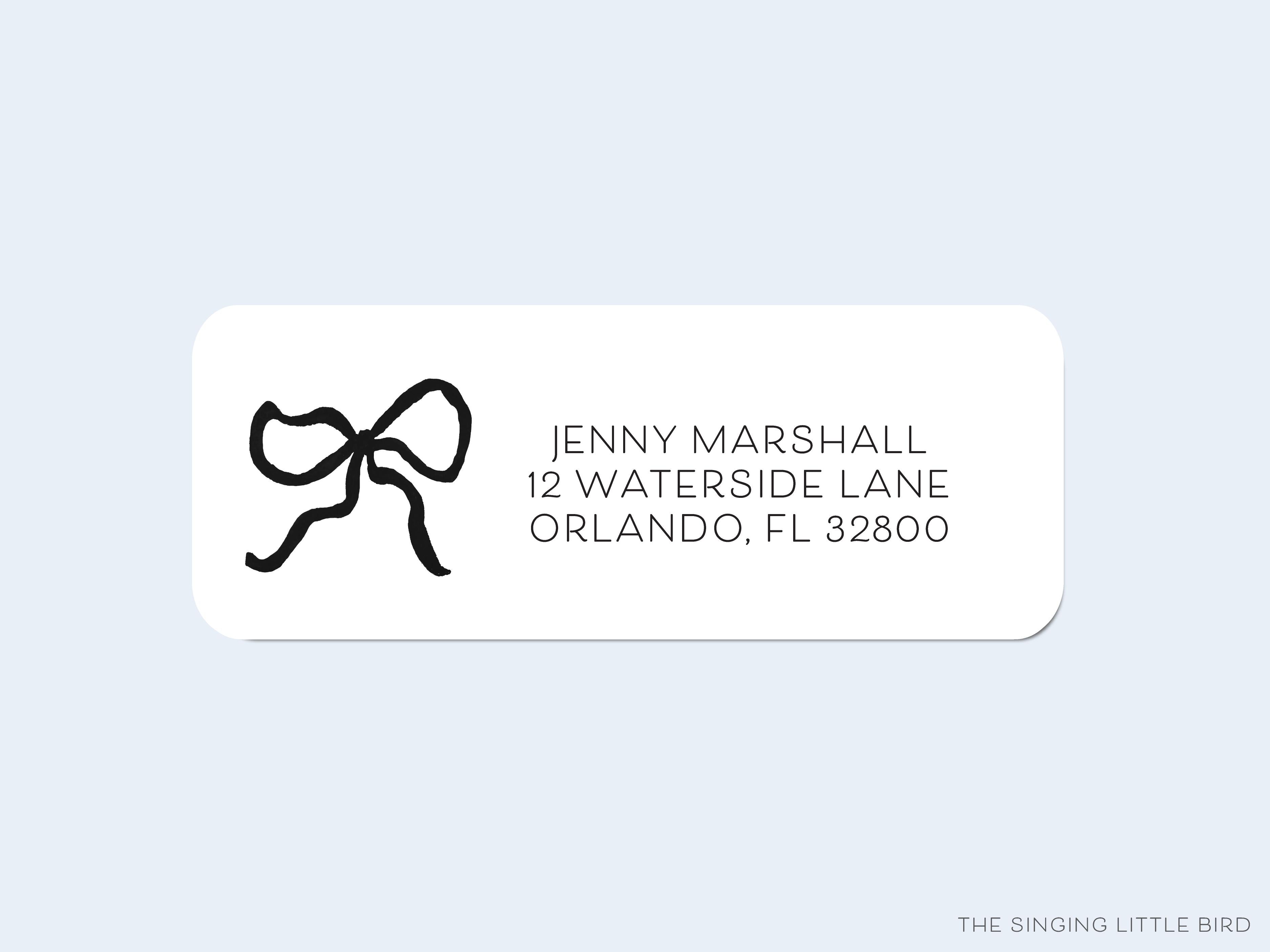 Black Bow Return Address Labels-These personalized return address labels are 2.625" x 1" and feature our hand-painted watercolor bow, printed in the USA on beautiful matte finish labels. These make great gifts for yourself or the bow lover.-The Singing Little Bird