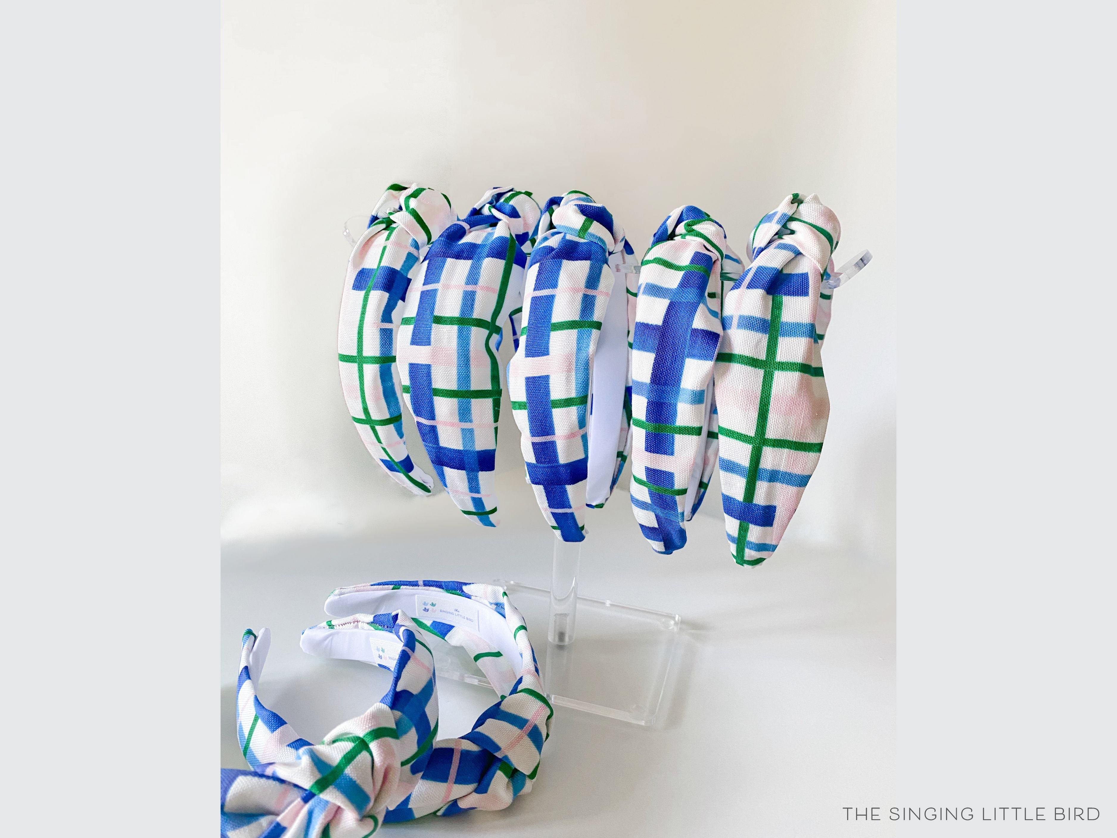 Blue, Green and Pink Plaid Top Knot Headband-These fabric headbands make unique one-of-a-kind gifts as each one is slightly different. They are cut from our hand-painted signature print. These are the perfect accessory and make great gifts!-The Singing Little Bird