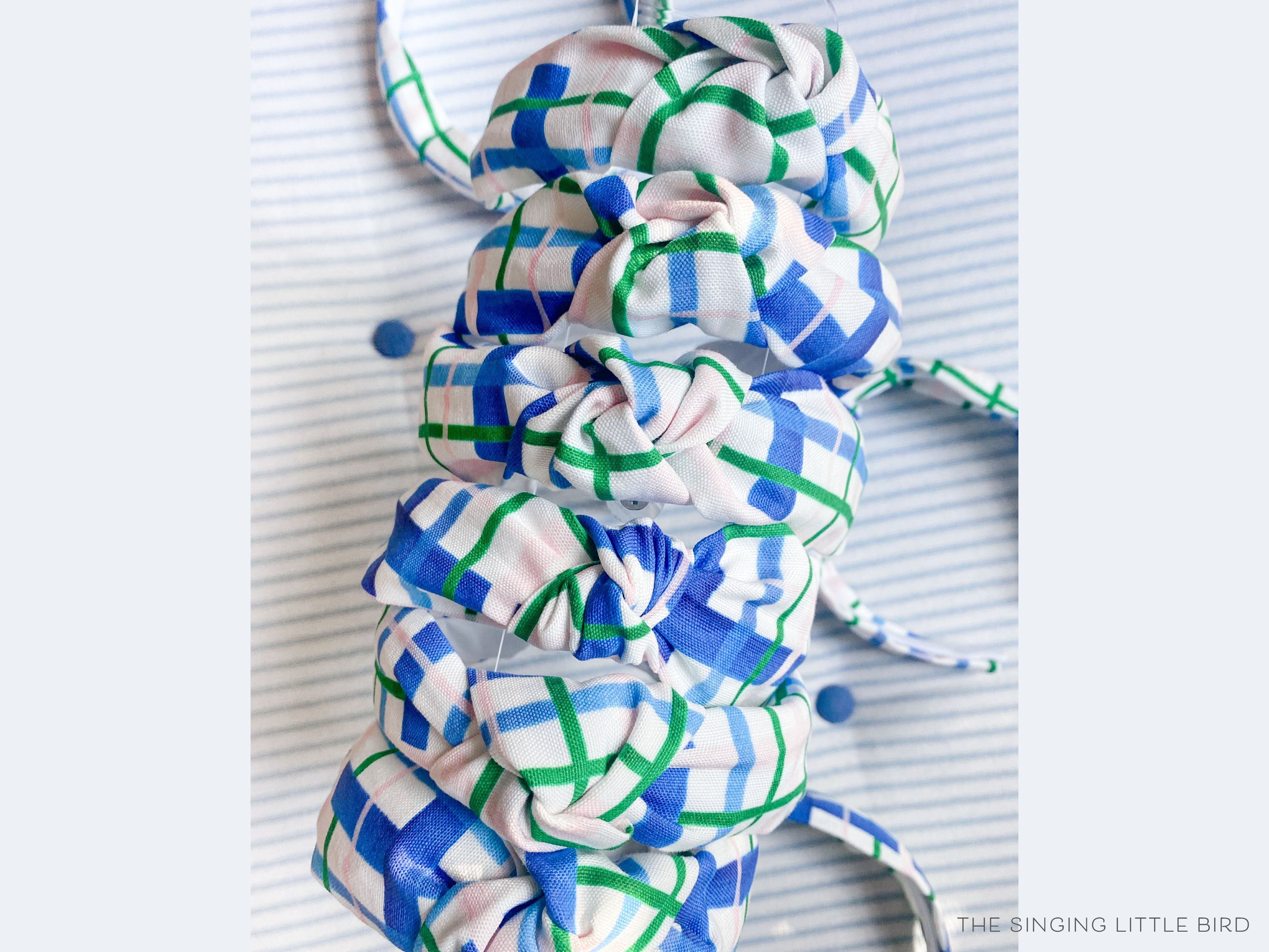 Blue, Green and Pink Plaid Top Knot Headband-These fabric headbands make unique one-of-a-kind gifts as each one is slightly different. They are cut from our hand-painted signature print. These are the perfect accessory and make great gifts!-The Singing Little Bird