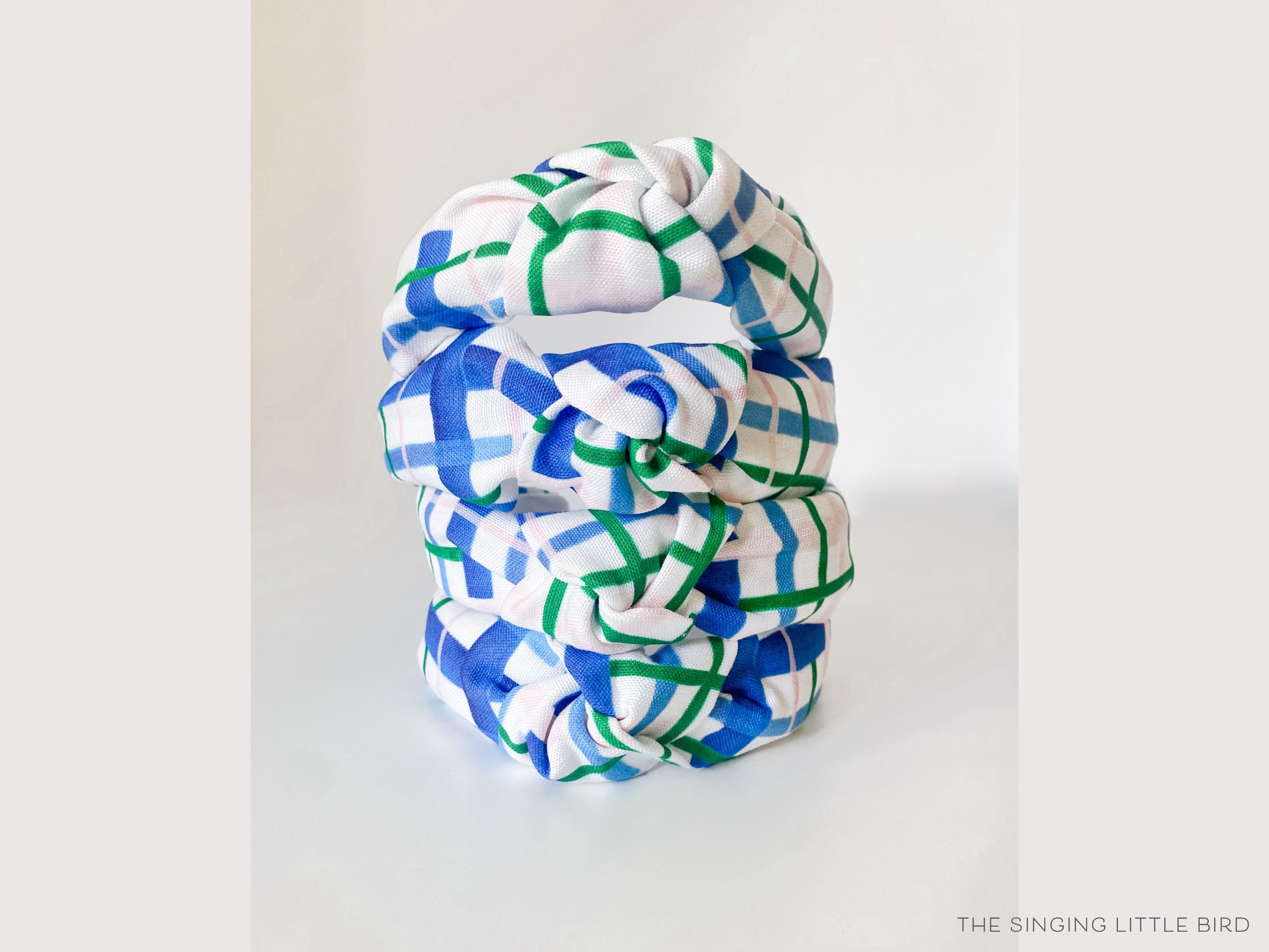 Blue, Green and Pink Plaid Top Knot Headband-These fabric headbands make unique one-of-a-kind gifts as each one is slightly different. They are cut from our hand-painted signature print. These are the perfect accessory and make great gifts!-The Singing Little Bird