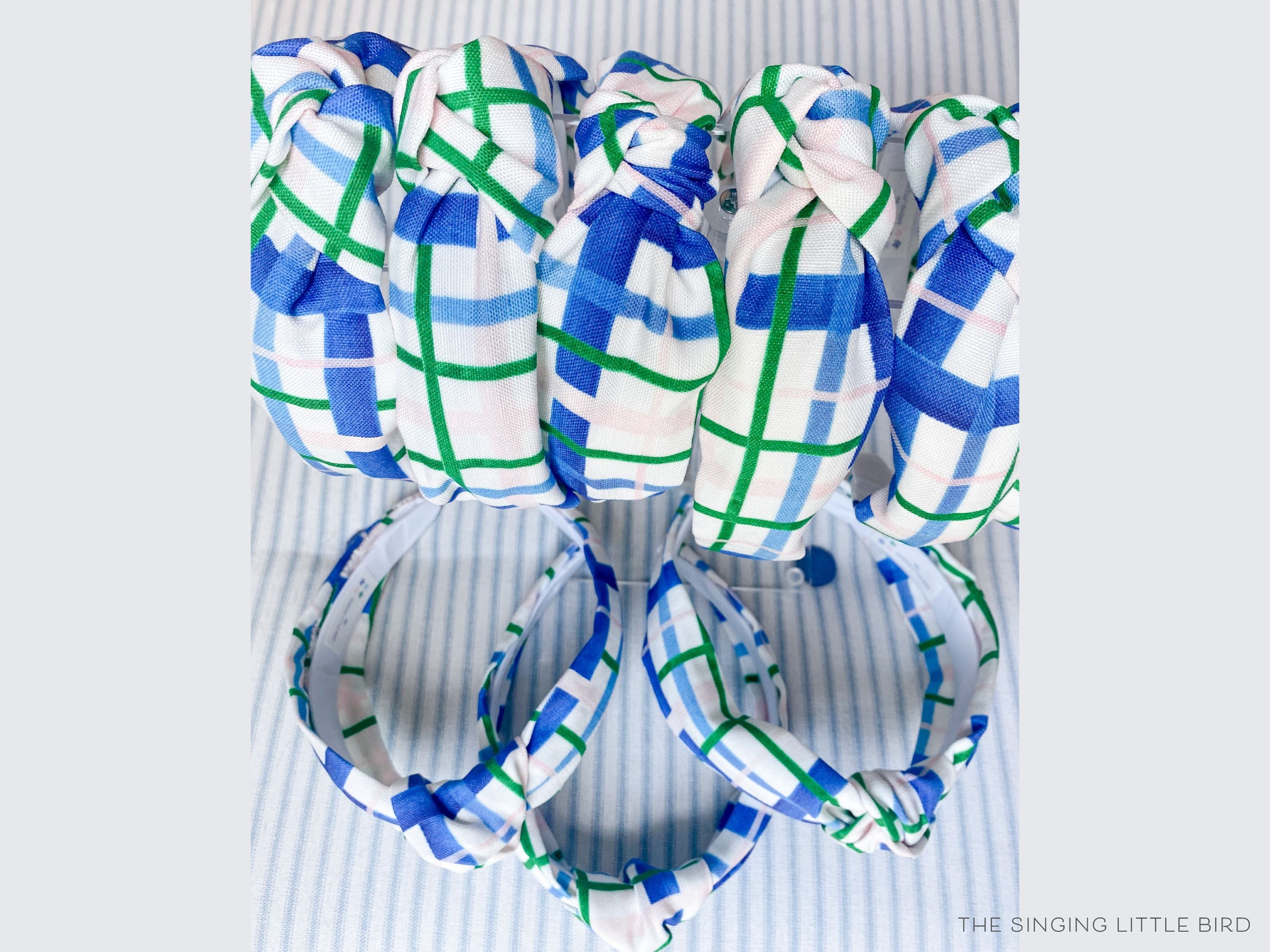 Blue, Green and Pink Plaid Top Knot Headband-These fabric headbands make unique one-of-a-kind gifts as each one is slightly different. They are cut from our hand-painted signature print. These are the perfect accessory and make great gifts!-The Singing Little Bird