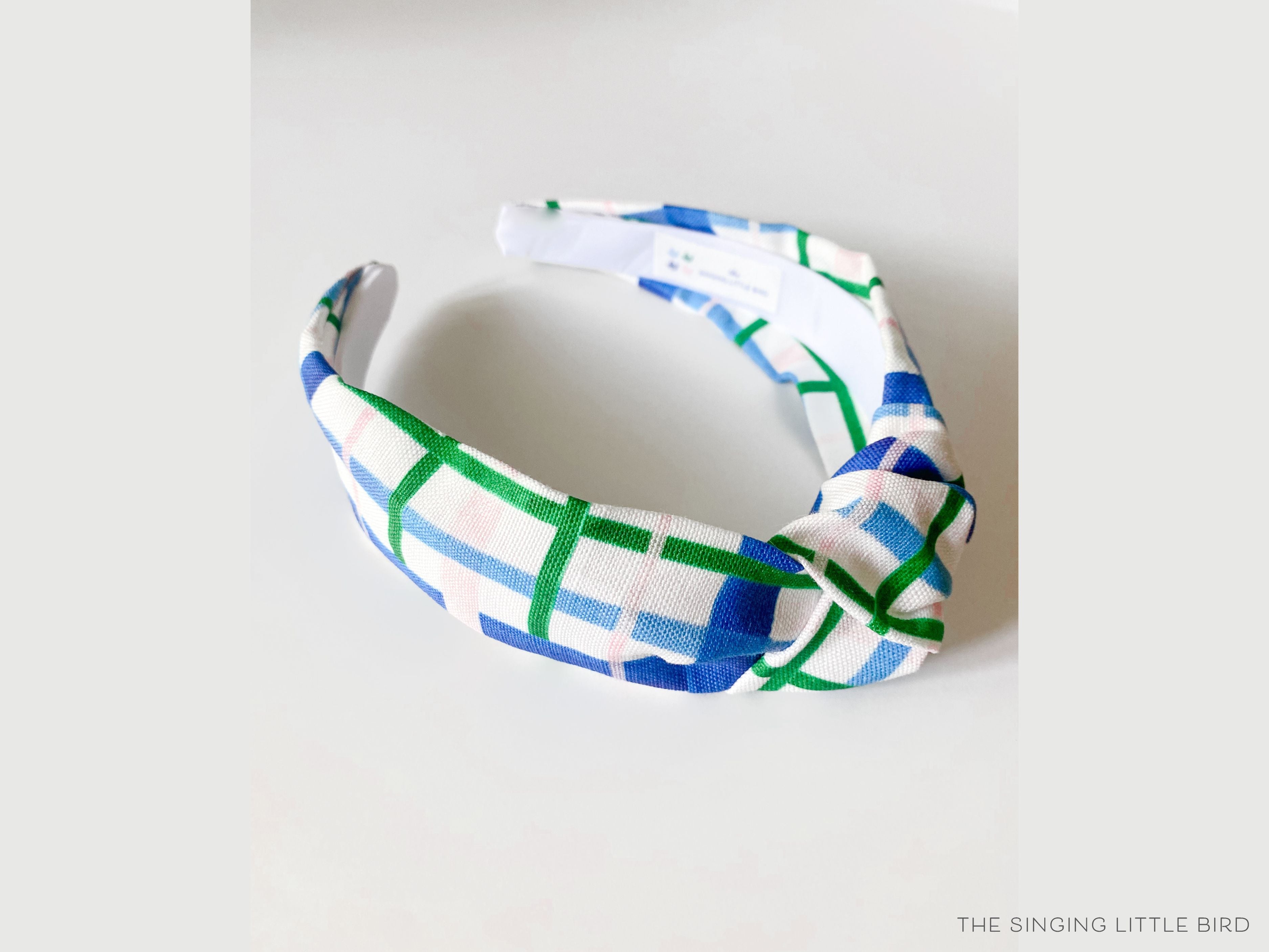 Blue, Green and Pink Plaid Top Knot Headband-These fabric headbands make unique one-of-a-kind gifts as each one is slightly different. They are cut from our hand-painted signature print. These are the perfect accessory and make great gifts!-The Singing Little Bird