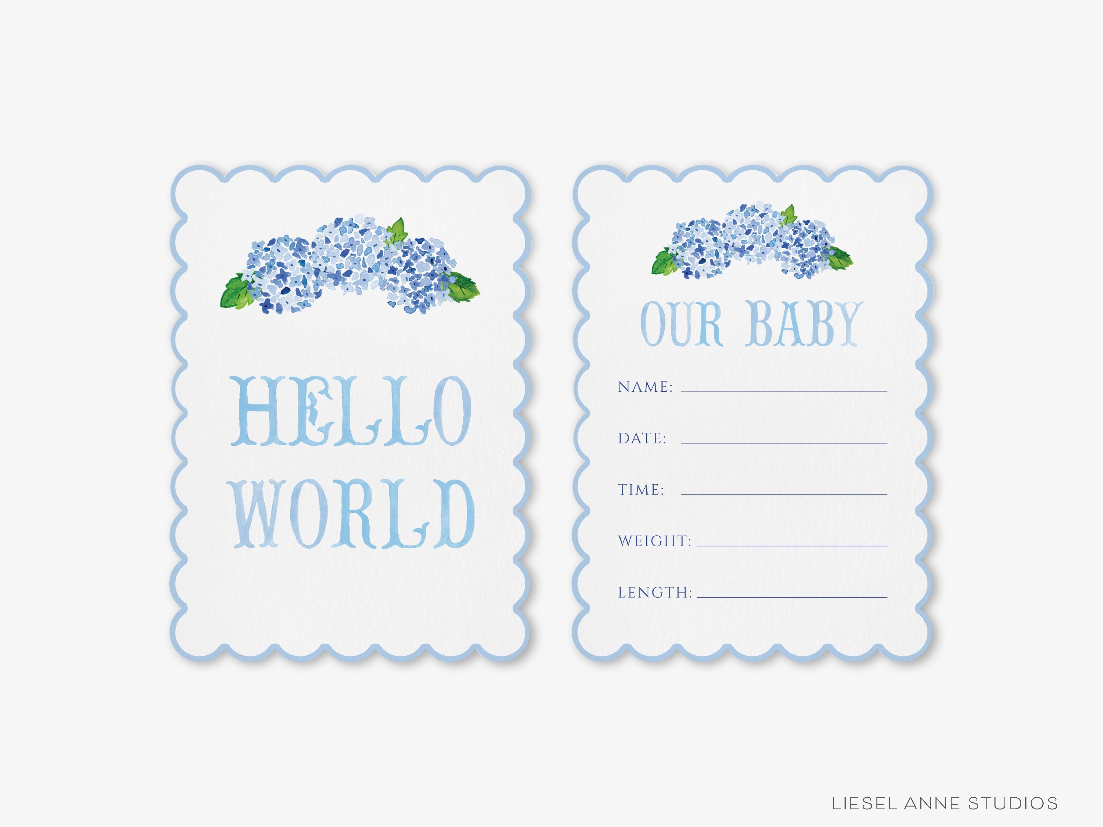 Blue Hydrangea Scalloped Monthly Milestone Cards-These scalloped flat notecards are 5x7 and feature our hand-painted watercolor Hydrangeas and monthly milestone tracker, printed in the USA on 120lb textured stock. They make the perfect way to remember your baby's first year of milestones!-The Singing Little Bird