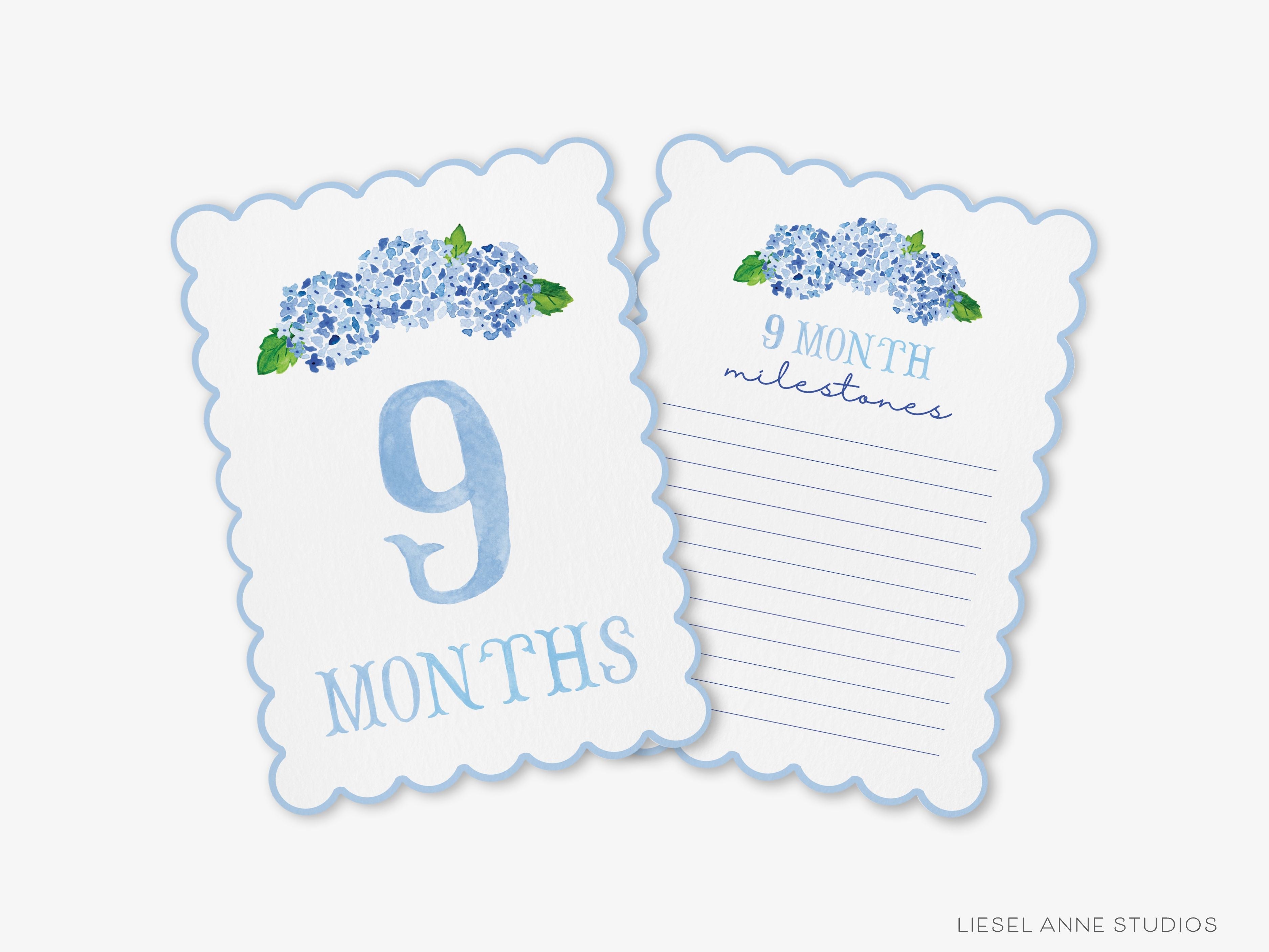 Blue Hydrangea Scalloped Monthly Milestone Cards-These scalloped flat notecards are 5x7 and feature our hand-painted watercolor Hydrangeas and monthly milestone tracker, printed in the USA on 120lb textured stock. They make the perfect way to remember your baby's first year of milestones!-The Singing Little Bird