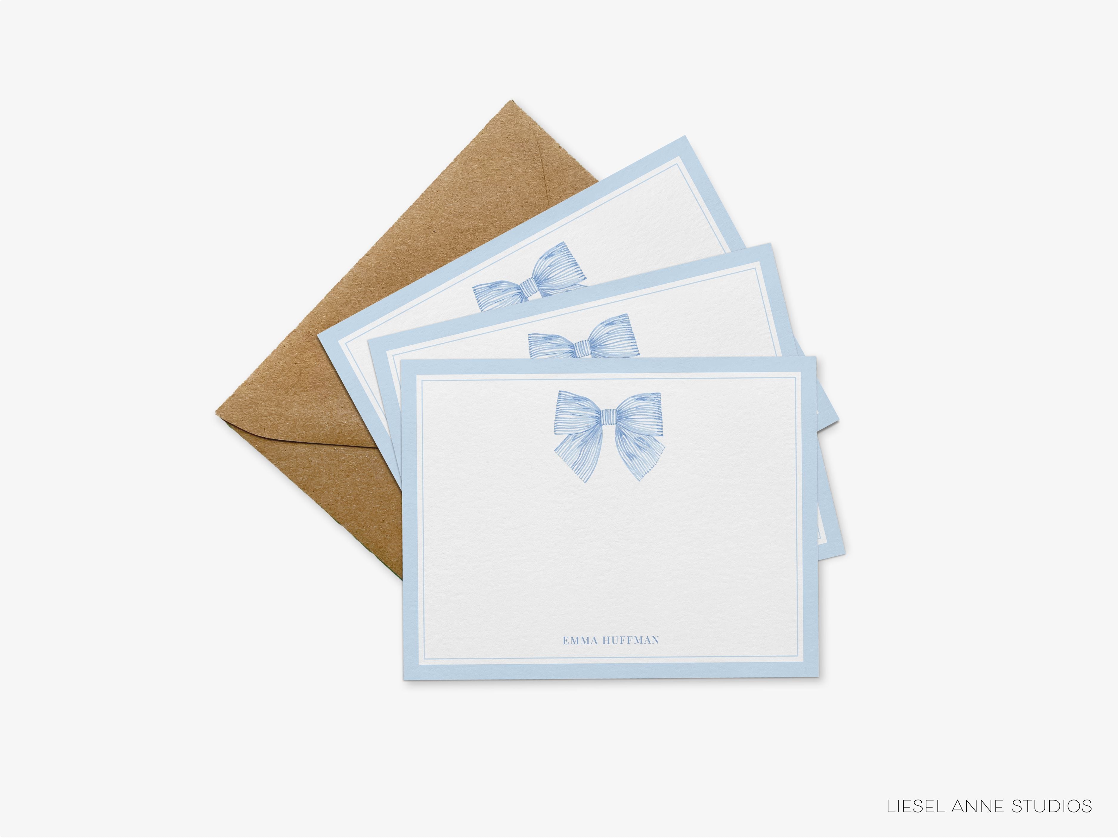 Blue Striped Bow Flat Notes-These personalized flat notecards are 4.25x5.5 and feature our hand-painted watercolor blue bow, printed in the USA on 120lb textured stock. They come with your choice of envelopes and make great thank you cards and gifts for the bow lover in your life.-The Singing Little Bird