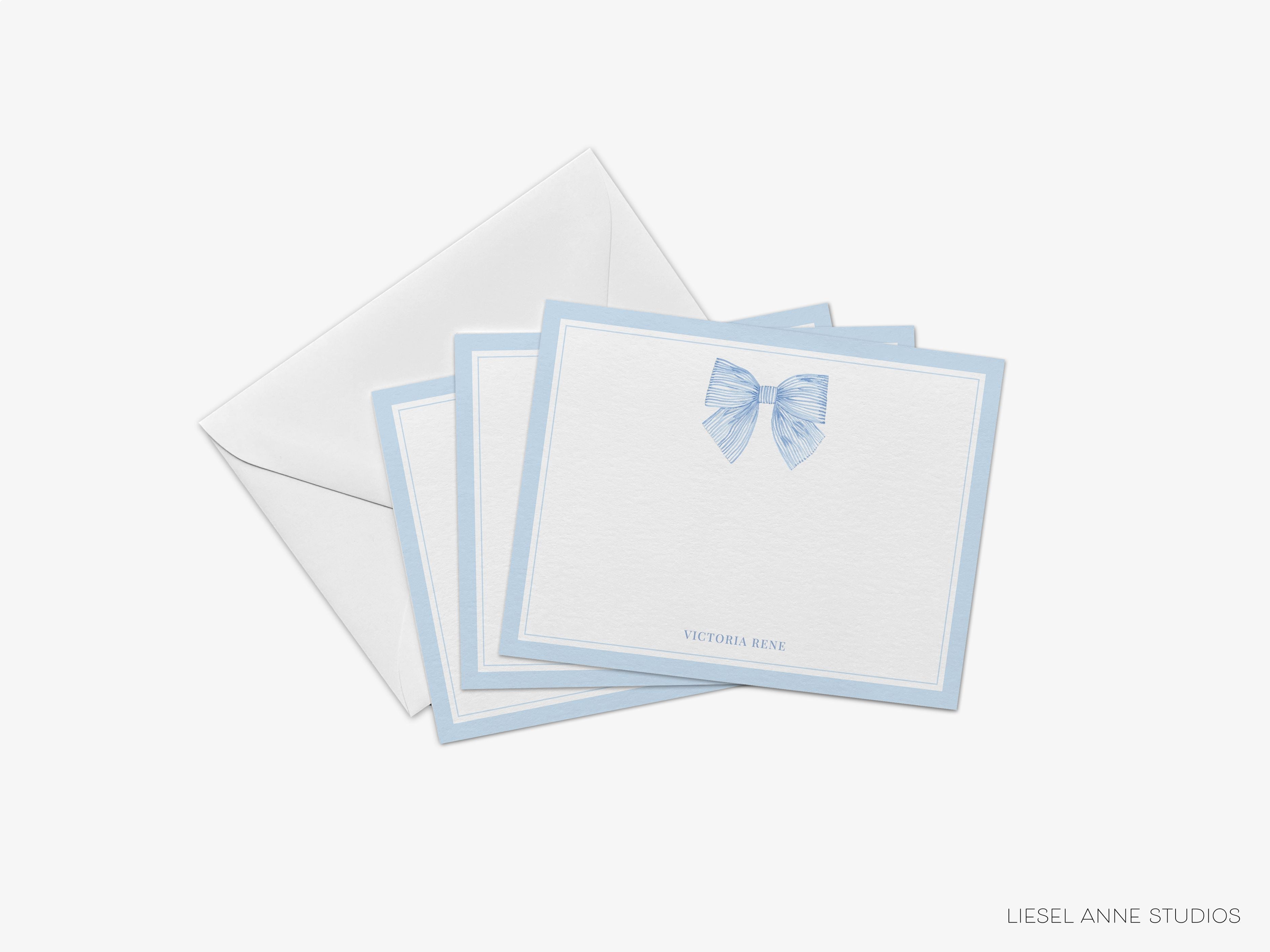 Blue Striped Bow Flat Notes-These personalized flat notecards are 4.25x5.5 and feature our hand-painted watercolor blue bow, printed in the USA on 120lb textured stock. They come with your choice of envelopes and make great thank you cards and gifts for the bow lover in your life.-The Singing Little Bird